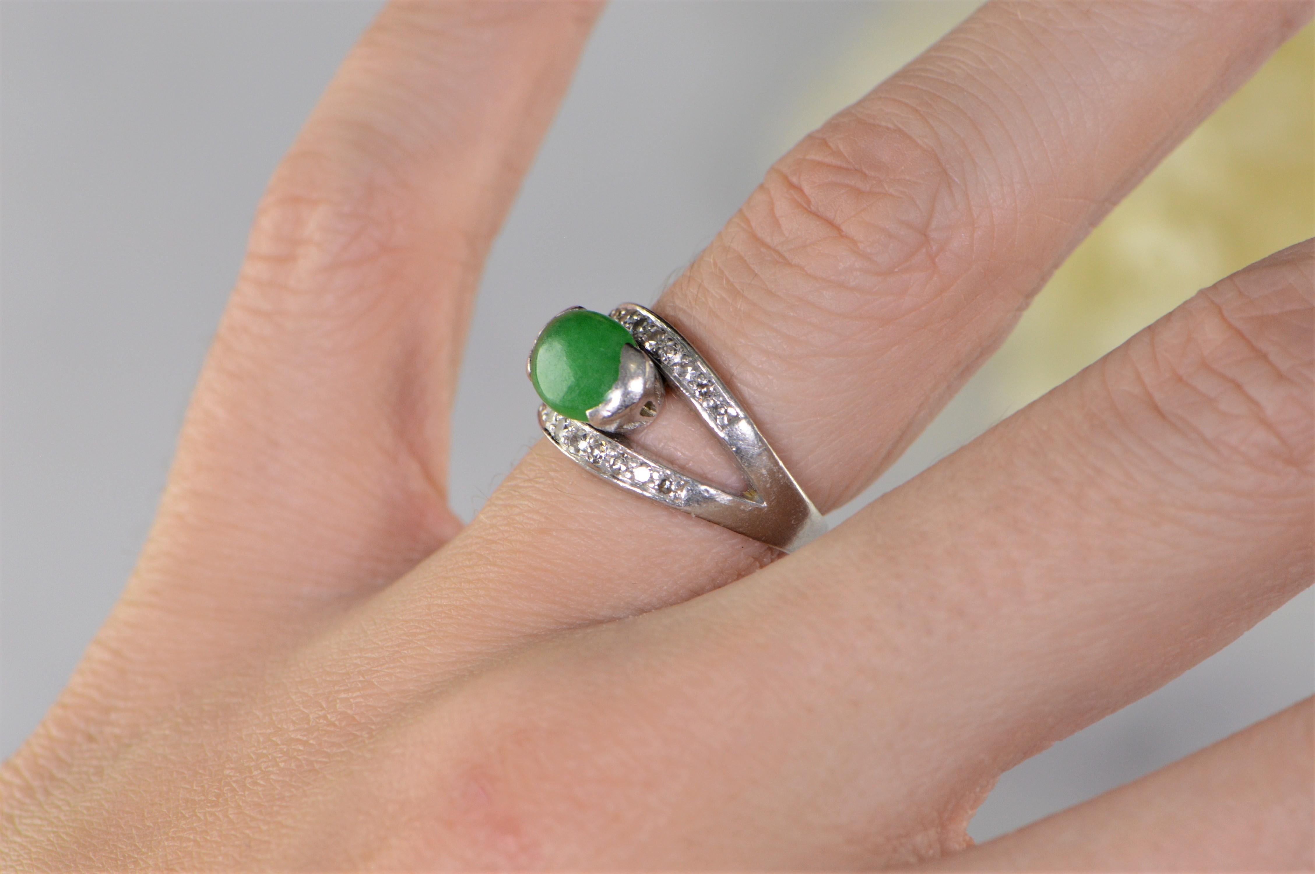 Oval Green Jade Diamond Retro Platinum Ring For Sale 5