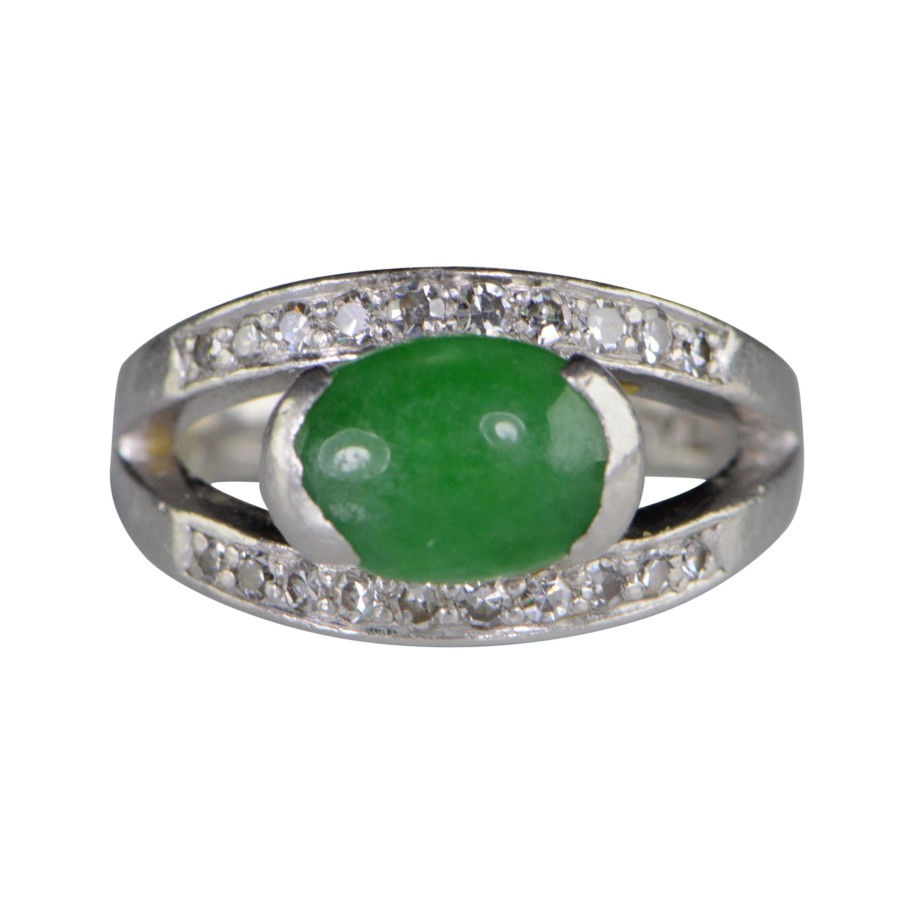 Oval Green Jade Diamond Retro Platinum Ring For Sale