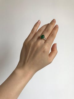 Oval Green Jade with Marquise Diamond and Round Diamond Engagement Ring