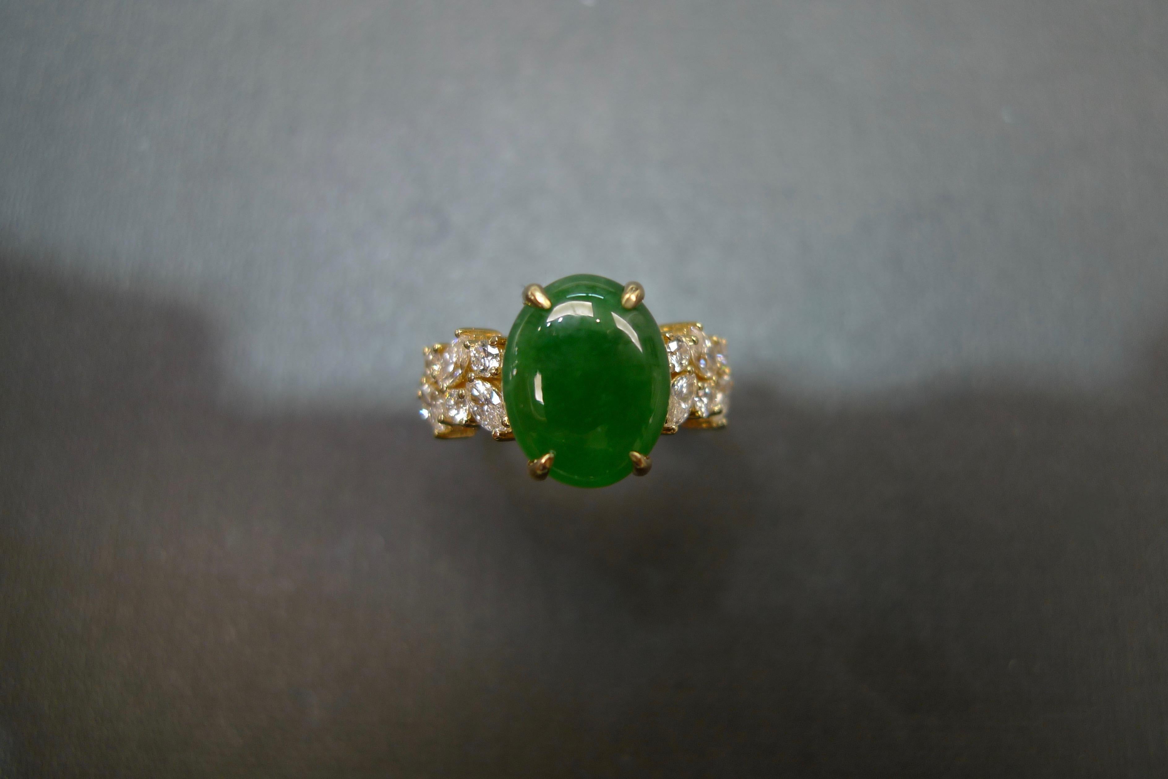 For Sale:  Oval Green Jade with Marquise Diamond and Round Diamond Engagement Ring 4