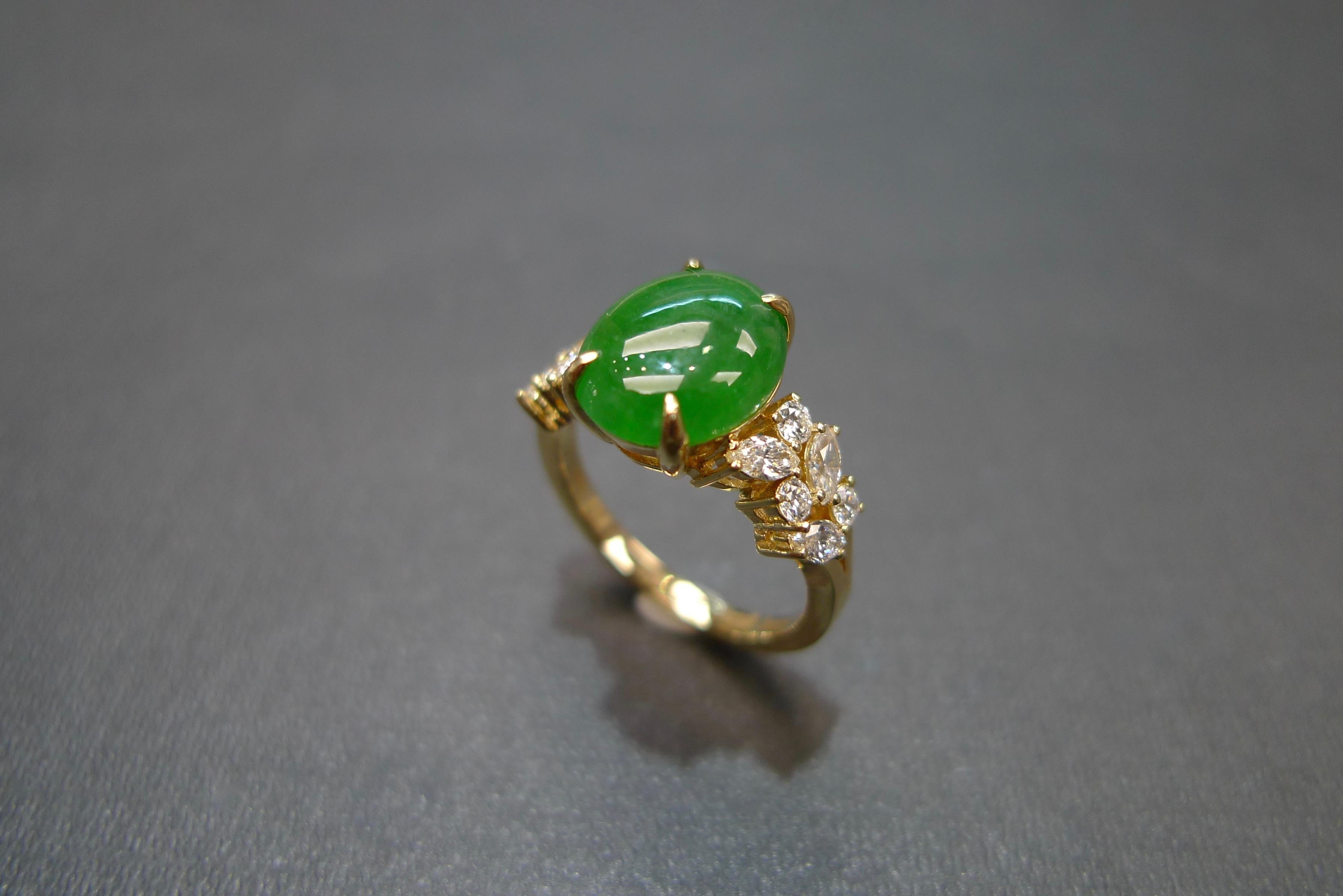 For Sale:  Oval Green Jade with Marquise Diamond and Round Diamond Engagement Ring 6
