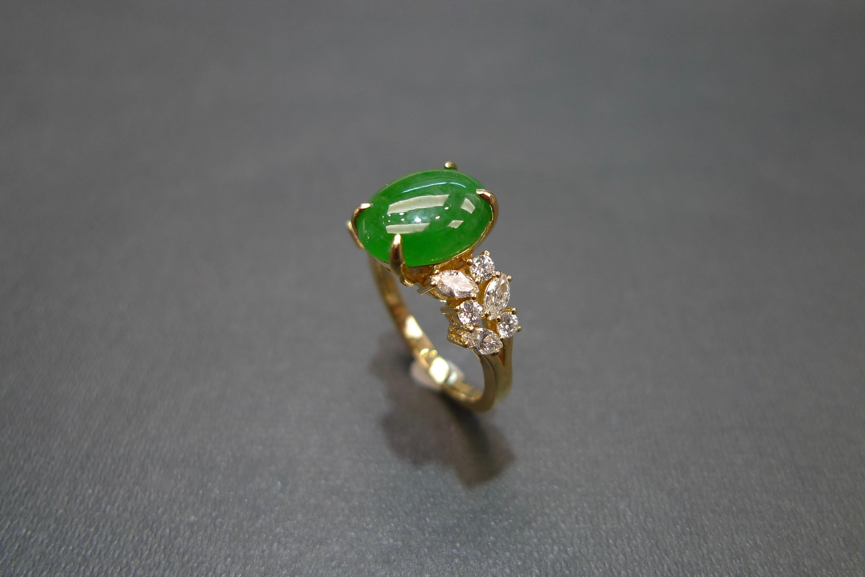 For Sale:  Oval Green Jade with Marquise Diamond and Round Diamond Engagement Ring 7
