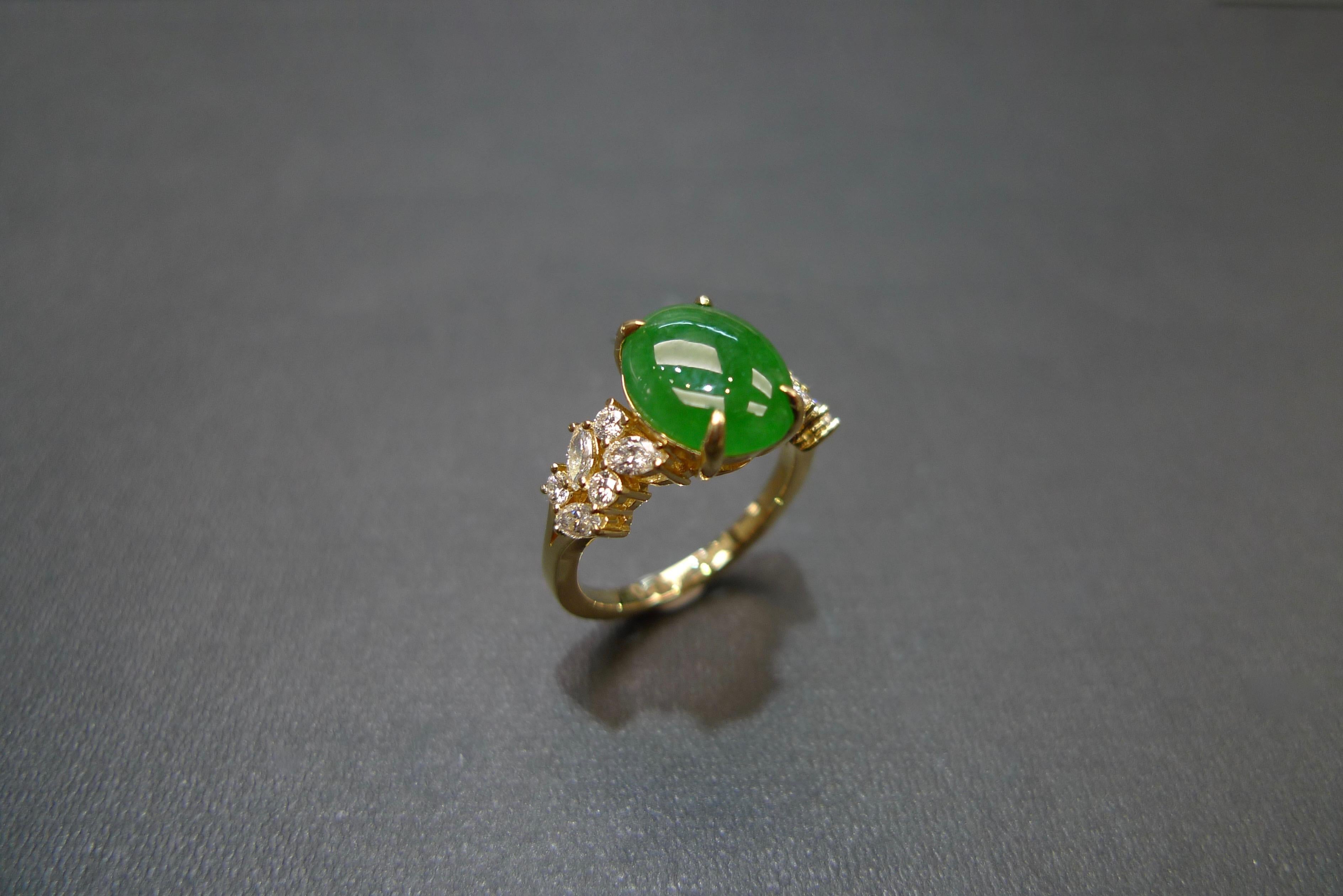 For Sale:  Oval Green Jade with Marquise Diamond and Round Diamond Engagement Ring  9