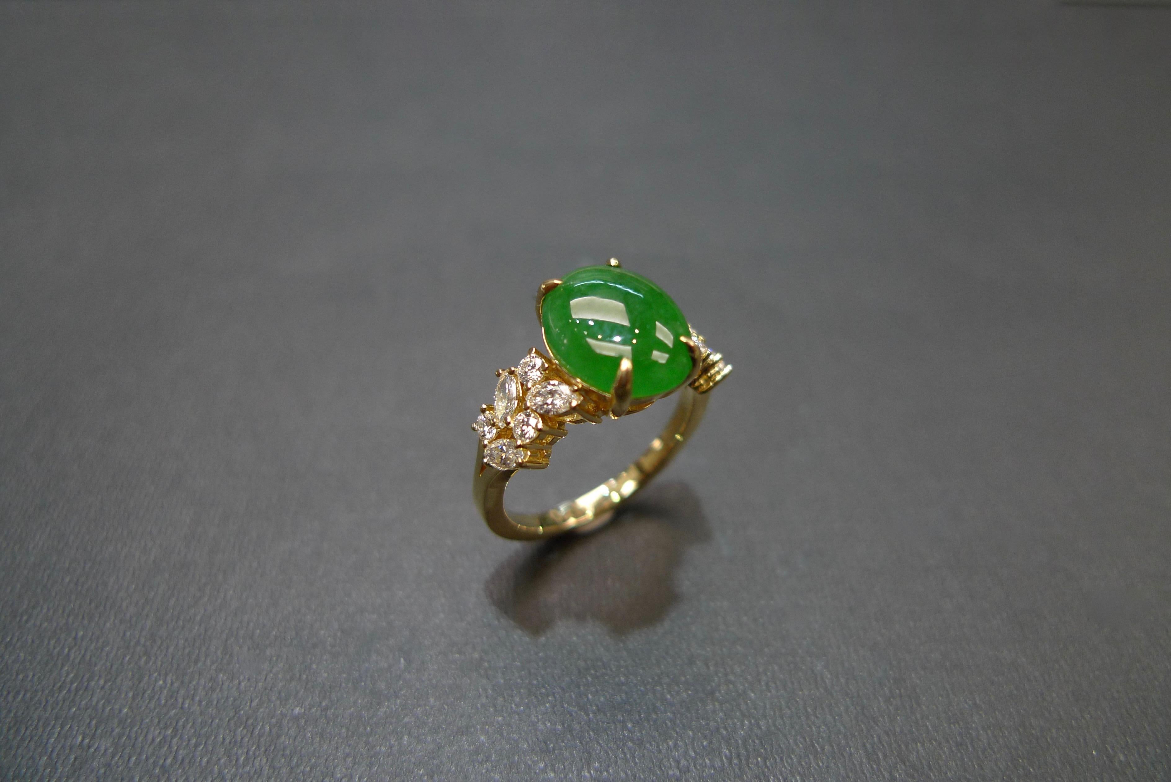 For Sale:  Oval Green Jade with Marquise Diamond and Round Diamond Engagement Ring 9