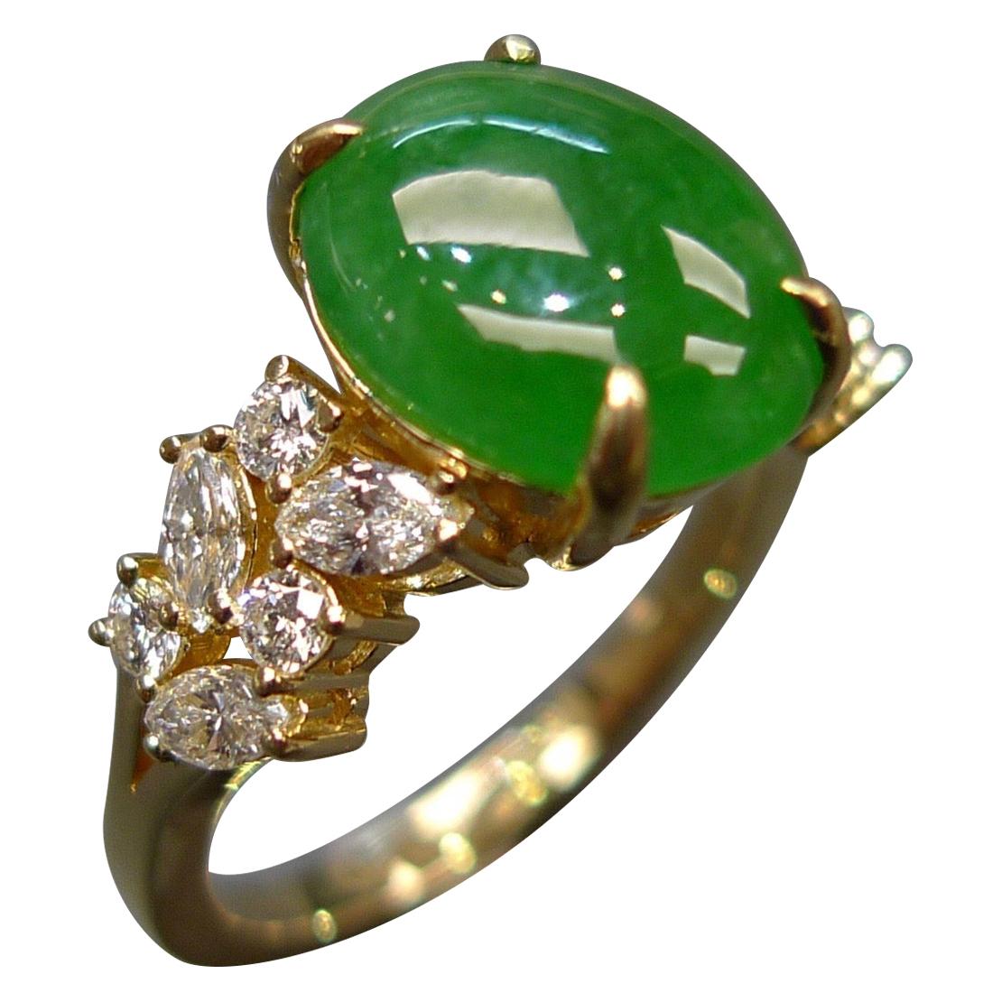 Oval Green Jade with Marquise Diamond and Round Diamond Engagement Ring 