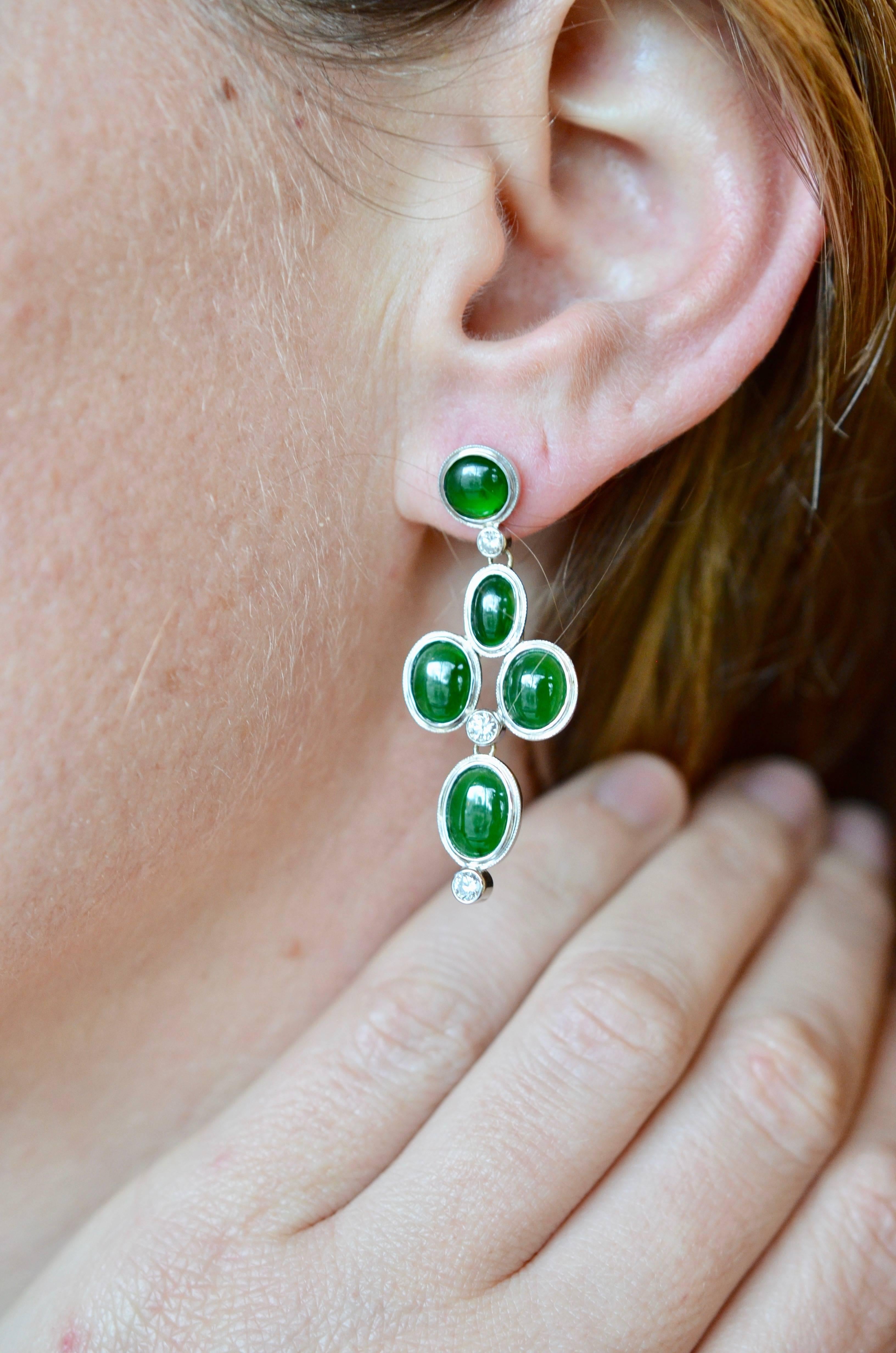 Oval Green Jadeite Earrings with Round Diamonds in White Gold 3