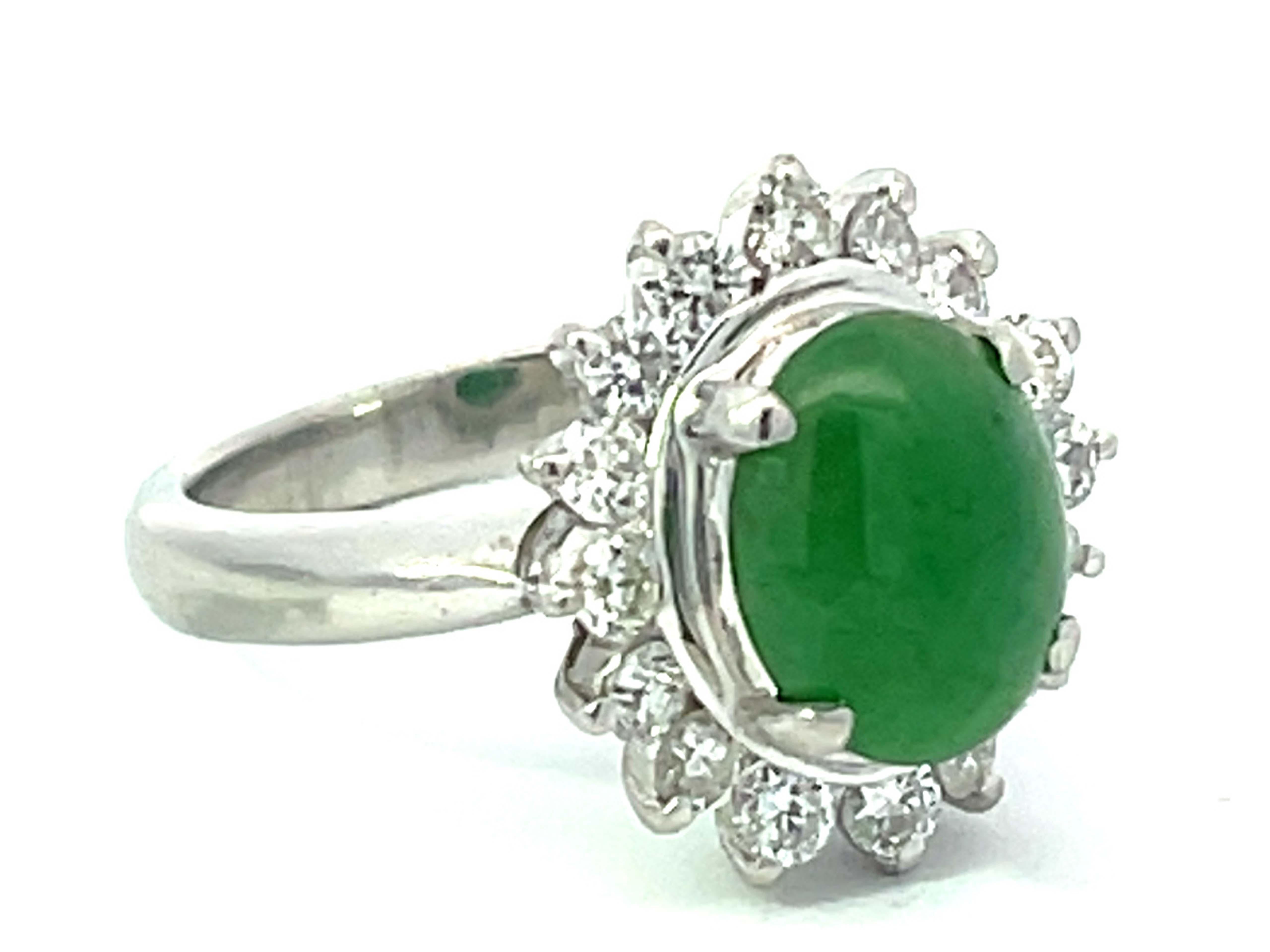 Cabochon Oval Green Jadeite Jade Diamond Halo Ring in Platinum For Sale