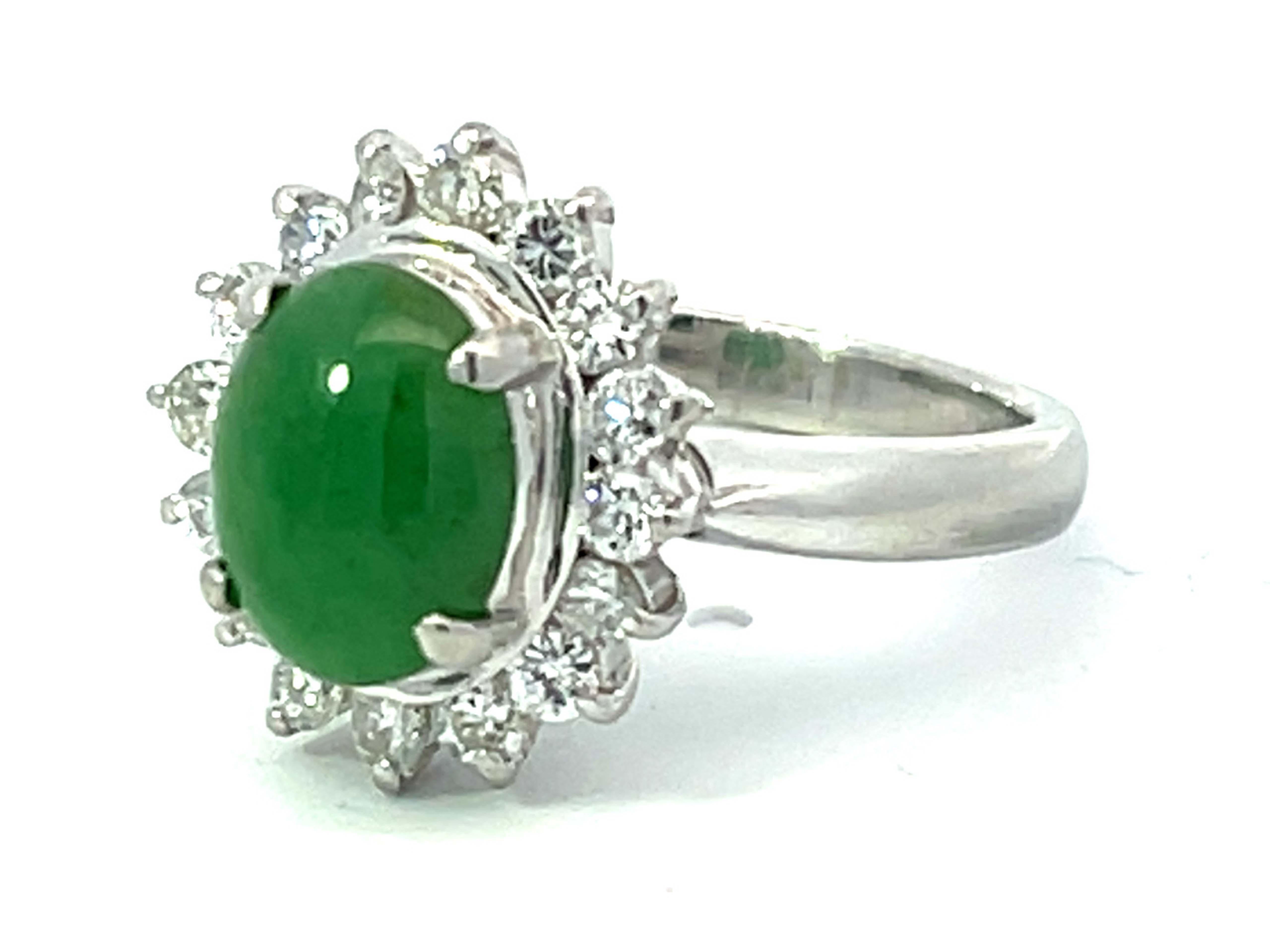 Oval Green Jadeite Jade Diamond Halo Ring in Platinum In Excellent Condition For Sale In Honolulu, HI