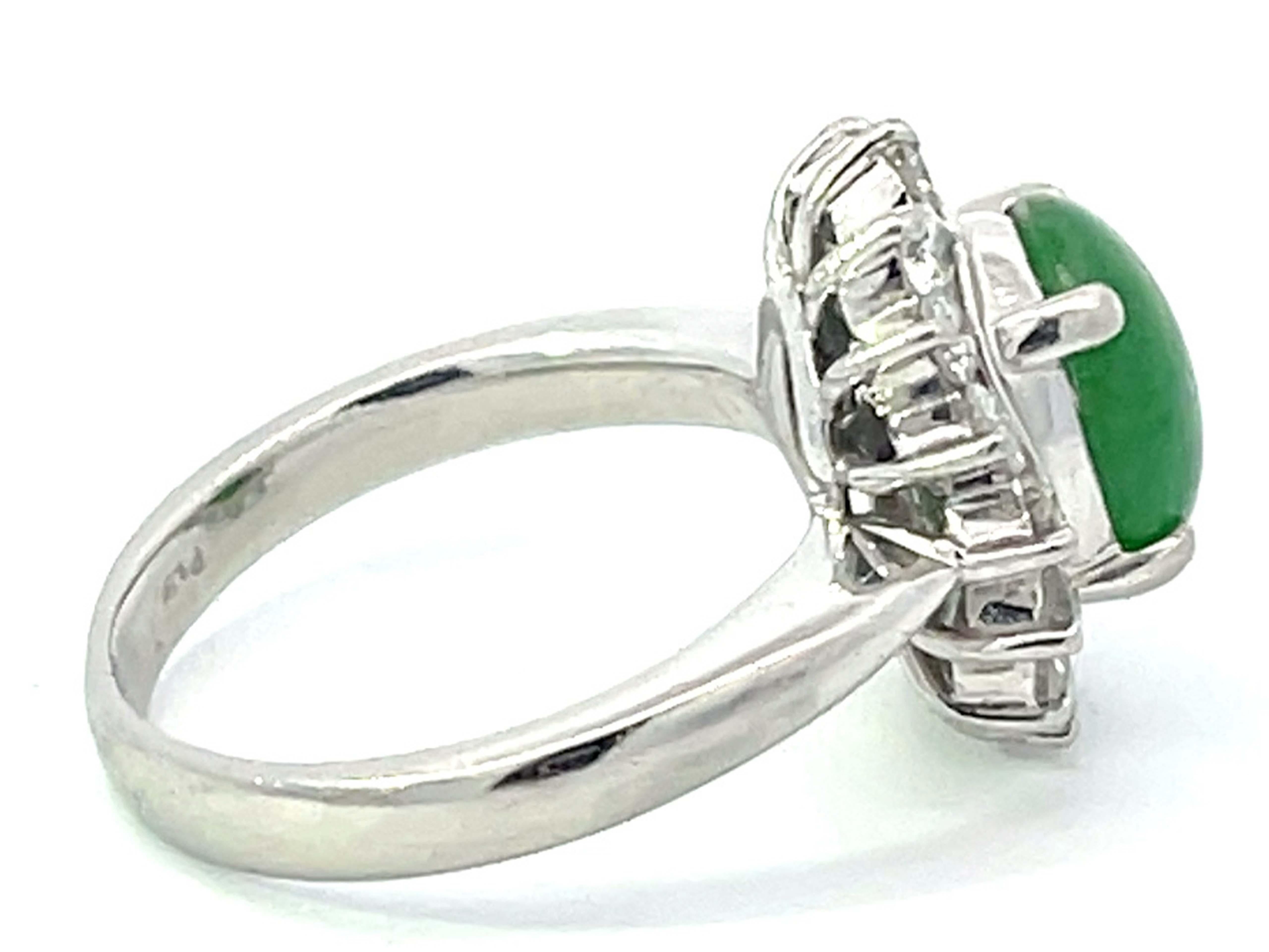 Women's or Men's Oval Green Jadeite Jade Diamond Halo Ring in Platinum For Sale