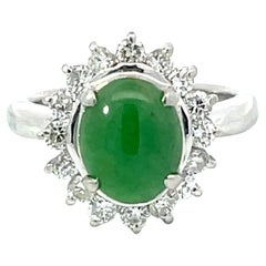 Vintage Oval Green Jadeite Jade Diamond Halo Ring in Platinum
