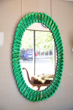 Oval Green Murano Glass Mirror, in Stock