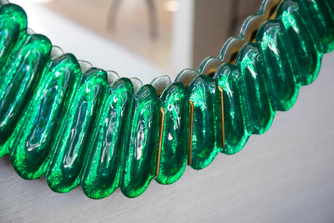 Mid-Century Modern Oval Kelly Green Murano Glass Mirror, in Stock For Sale