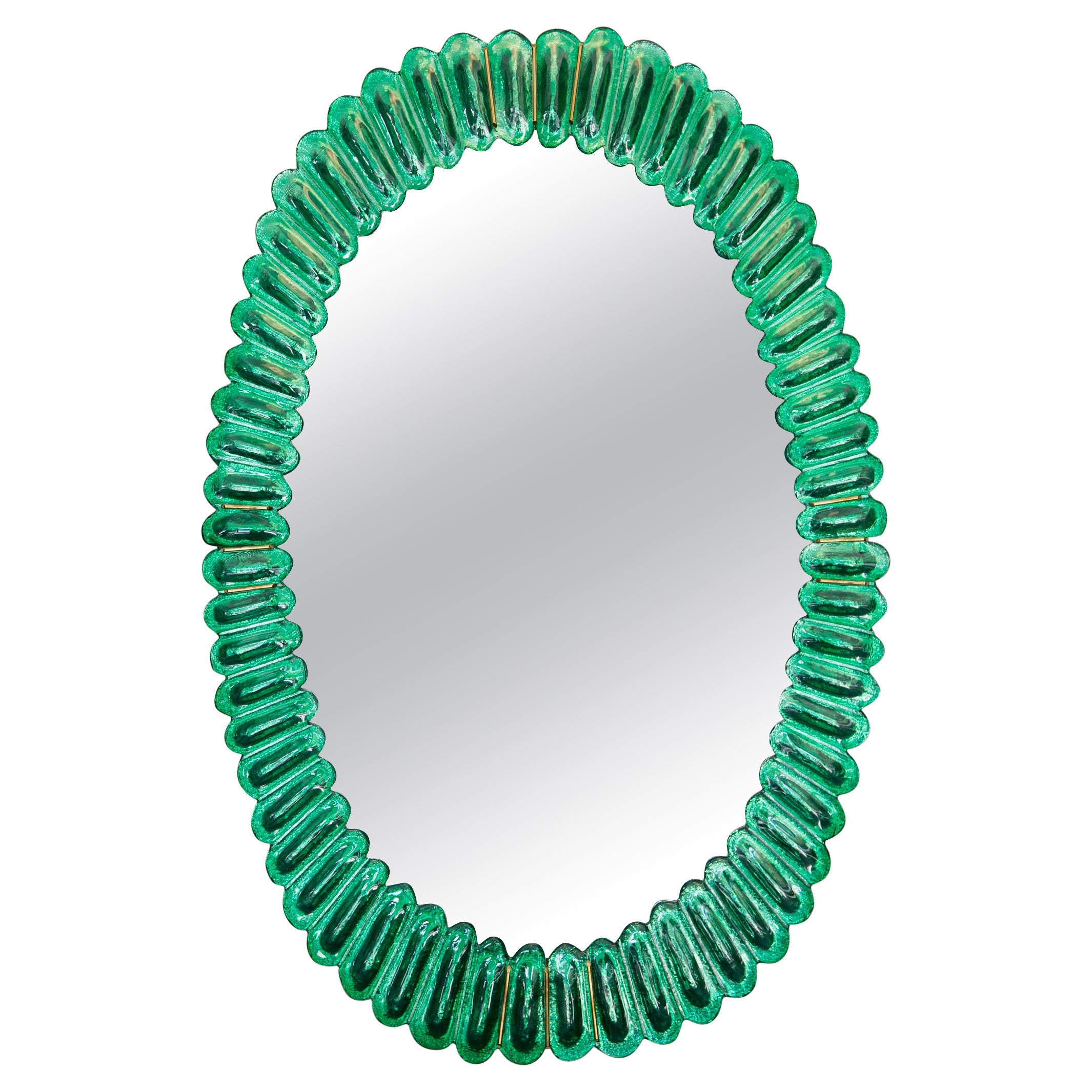 Oval Green Murano Glass Mirror, in Stock For Sale