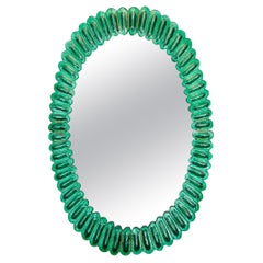 Oval Green Murano Glass Mirror, in Stock