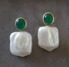 Oval Green Onyx Cabs 14 Kt Yellow Gold Bezel Square Baroque Pearls Stud Earrings
