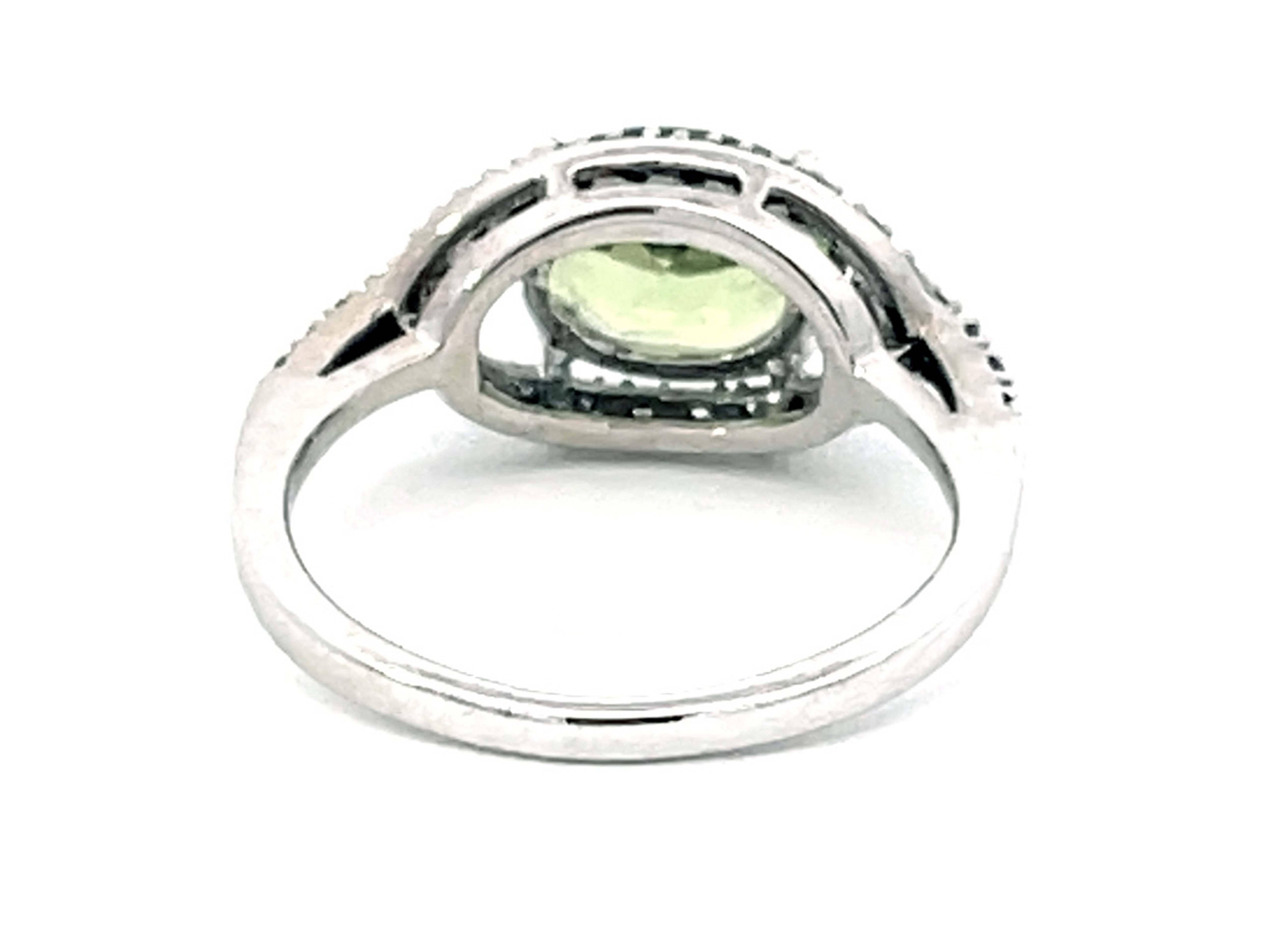 Women's or Men's Oval Green Peridot and Diamond Halo Ring in 14k White Gold For Sale