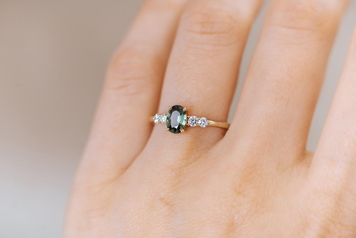 For Sale:  Oval green sapphire and diamonds engagement ring 3
