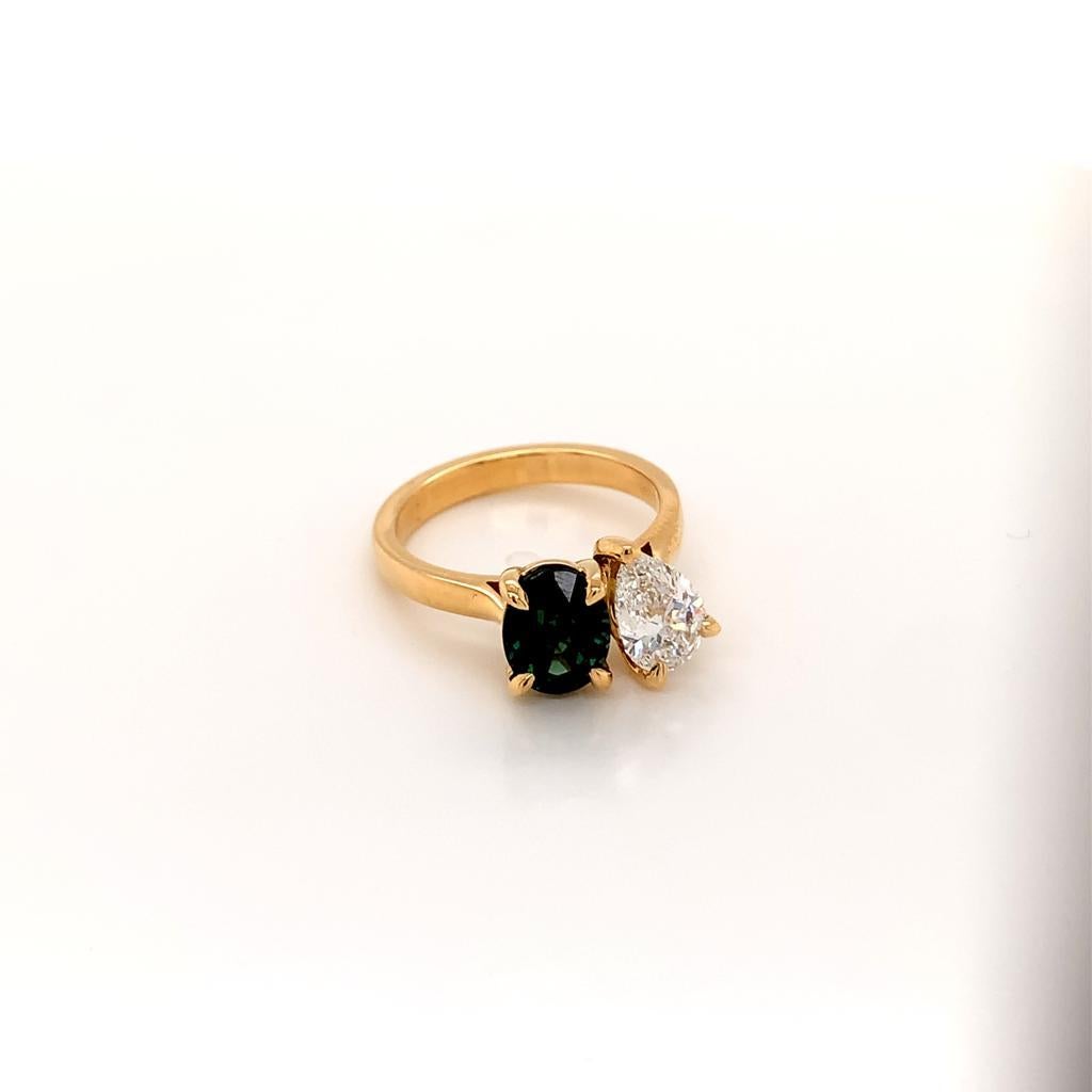 For Sale:  Oval Green Sapphire and Pear shape Diamond Ring in 18K Yellow Gold 2