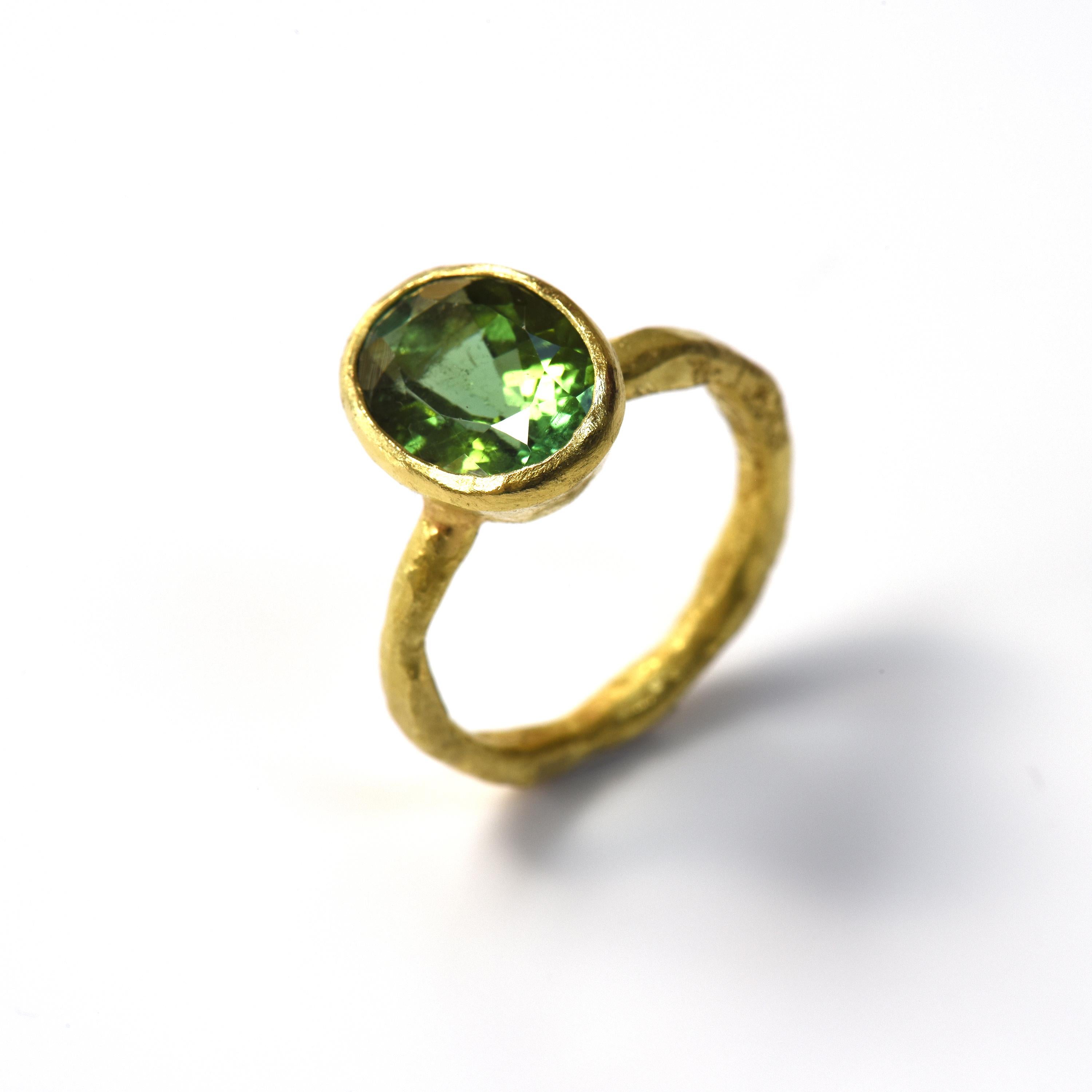 Oval Cut Oval Green Tourmaline 18 Karat Gold Textured Ring by Disa Allsopp