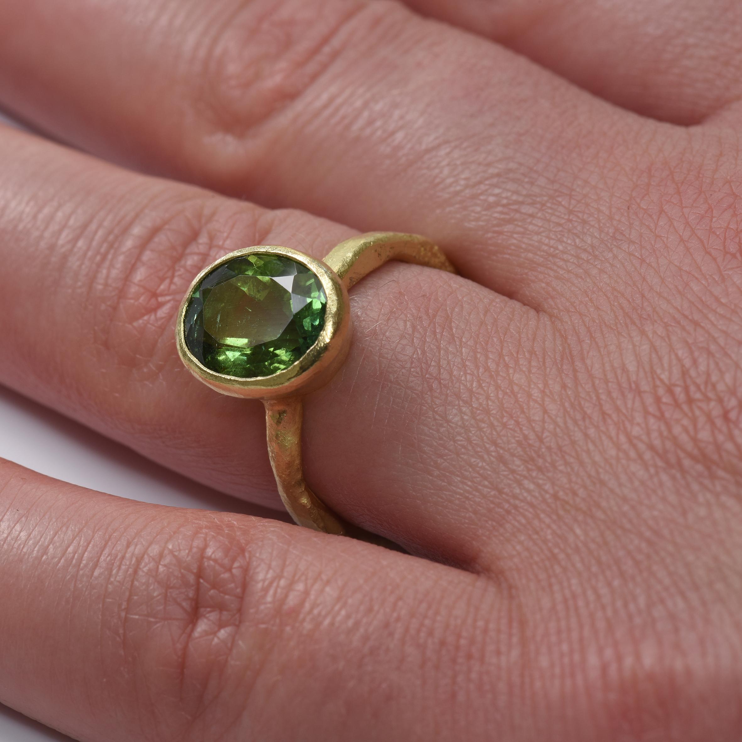 Women's or Men's Oval Green Tourmaline 18 Karat Gold Textured Ring by Disa Allsopp
