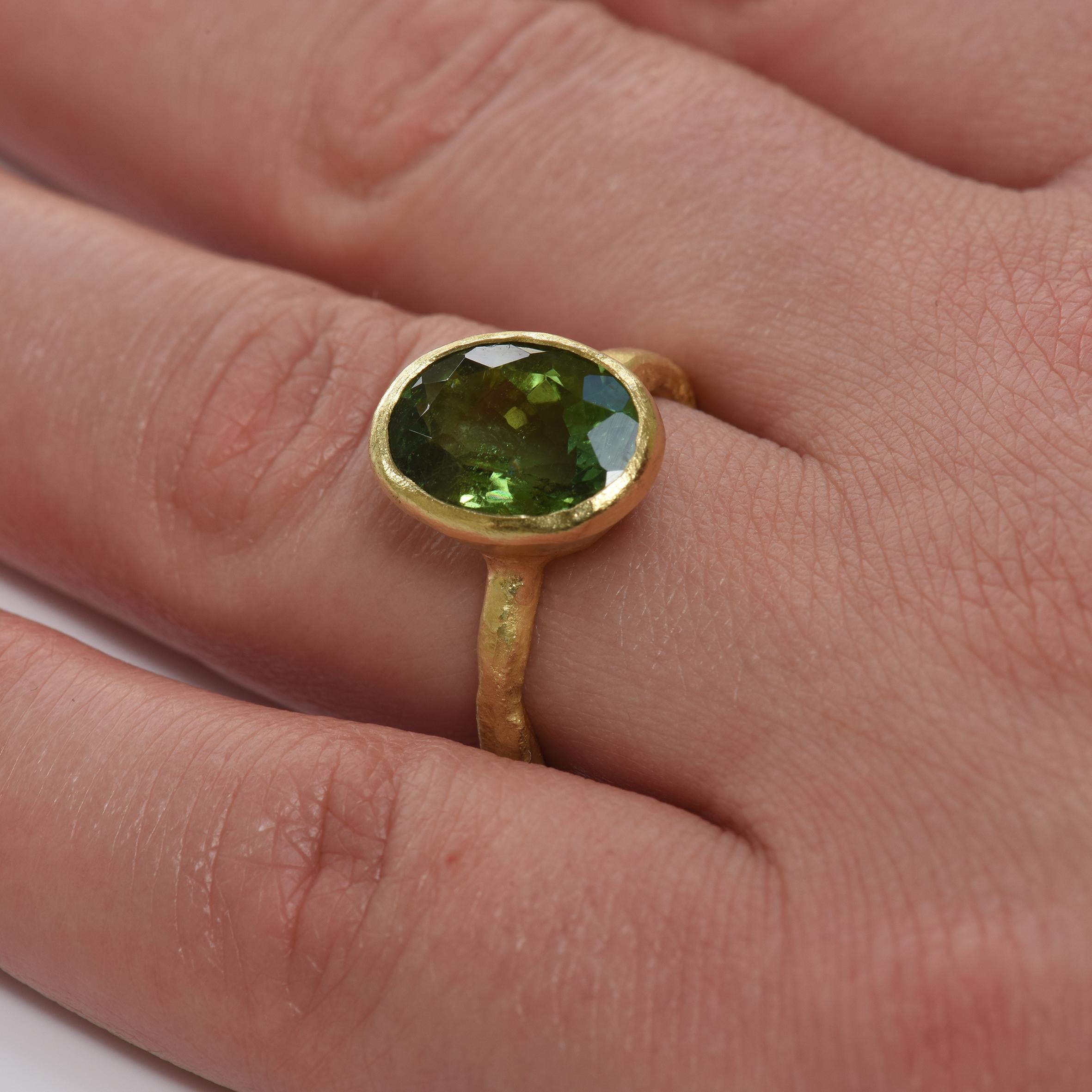 Oval Green Tourmaline 18 Karat Gold Textured Ring by Disa Allsopp 1