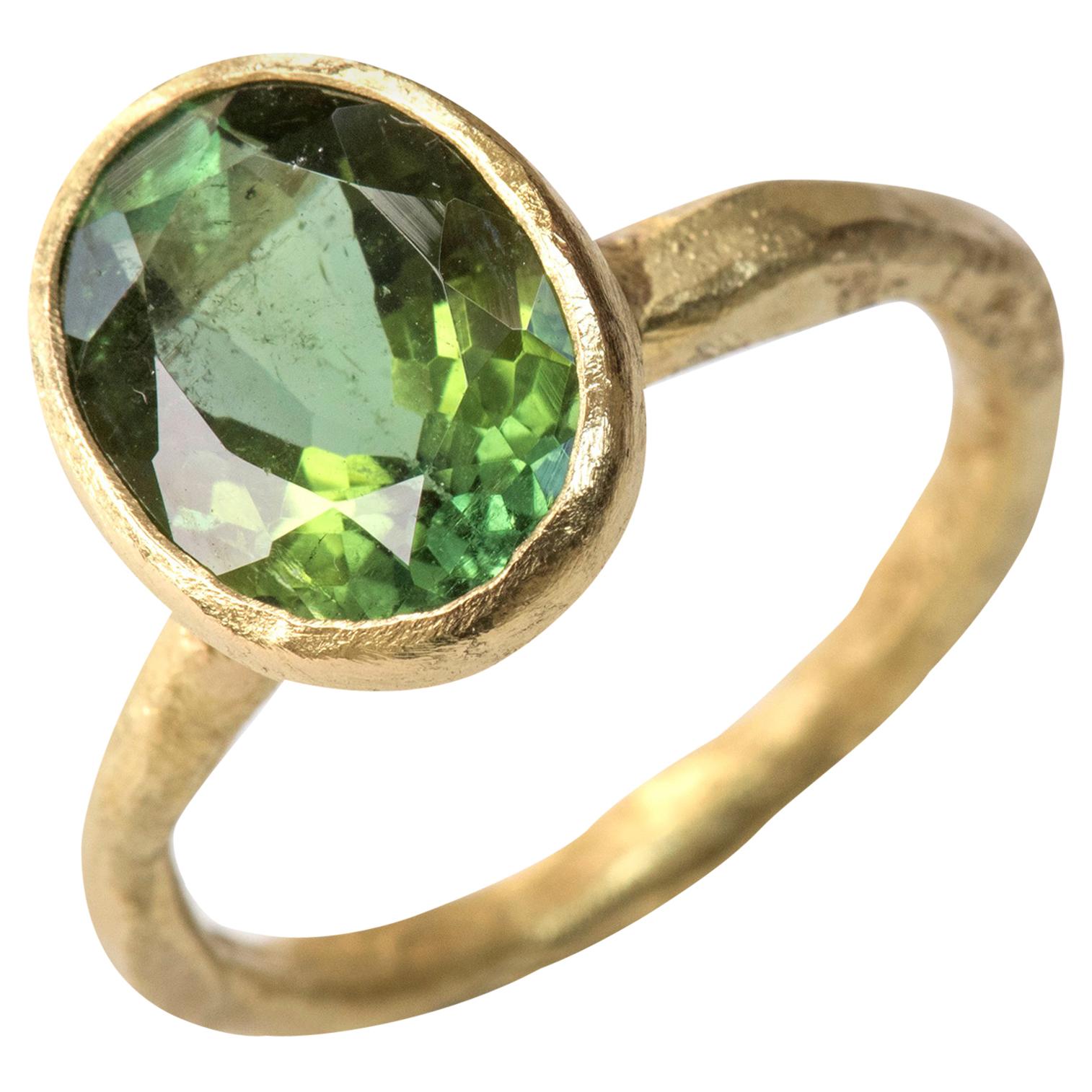 Oval Green Tourmaline 18 Karat Gold Textured Ring by Disa Allsopp