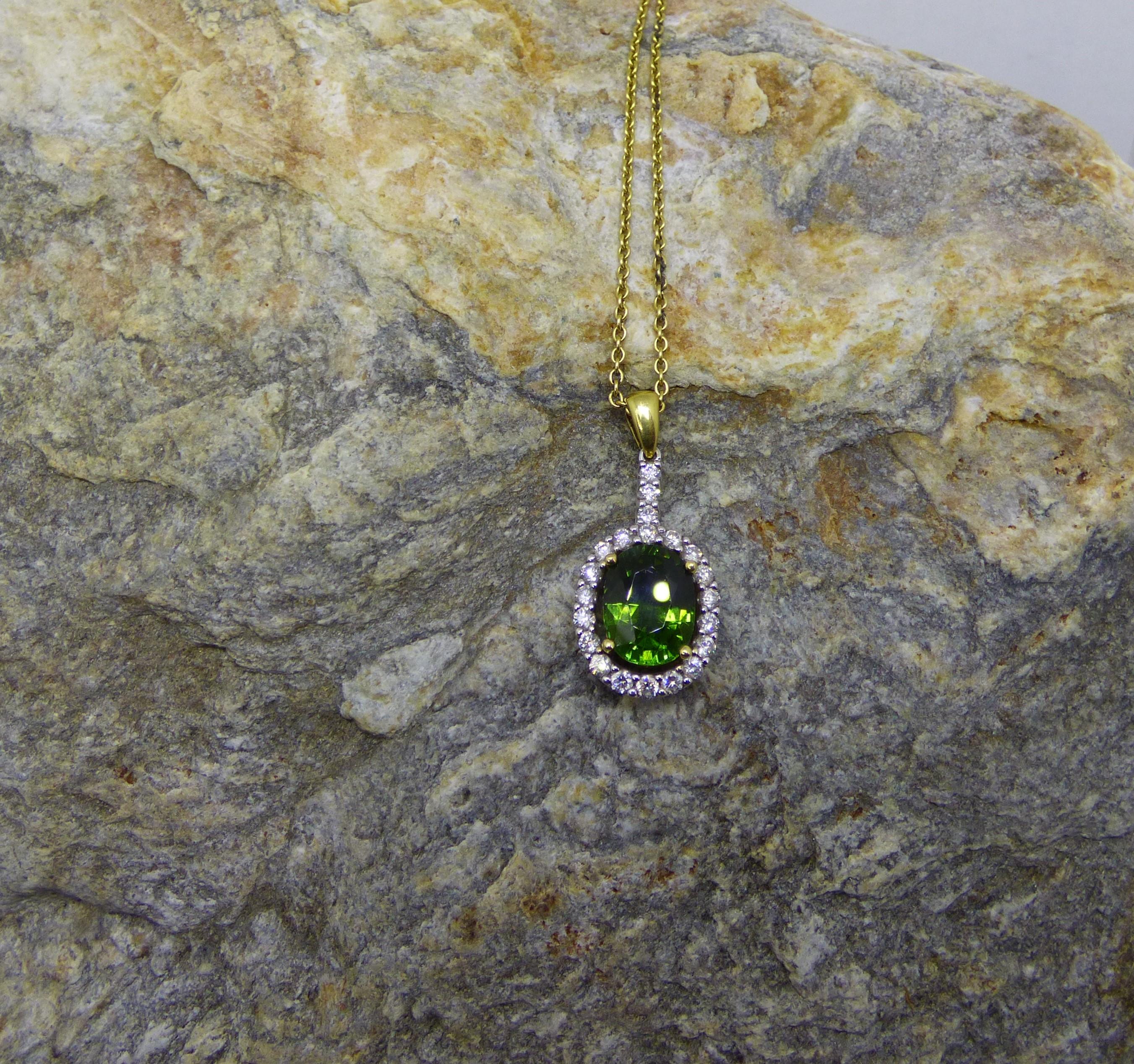 Contemporary Oval Green Tourmaline and Diamond Pendant in 18K Gold For Sale