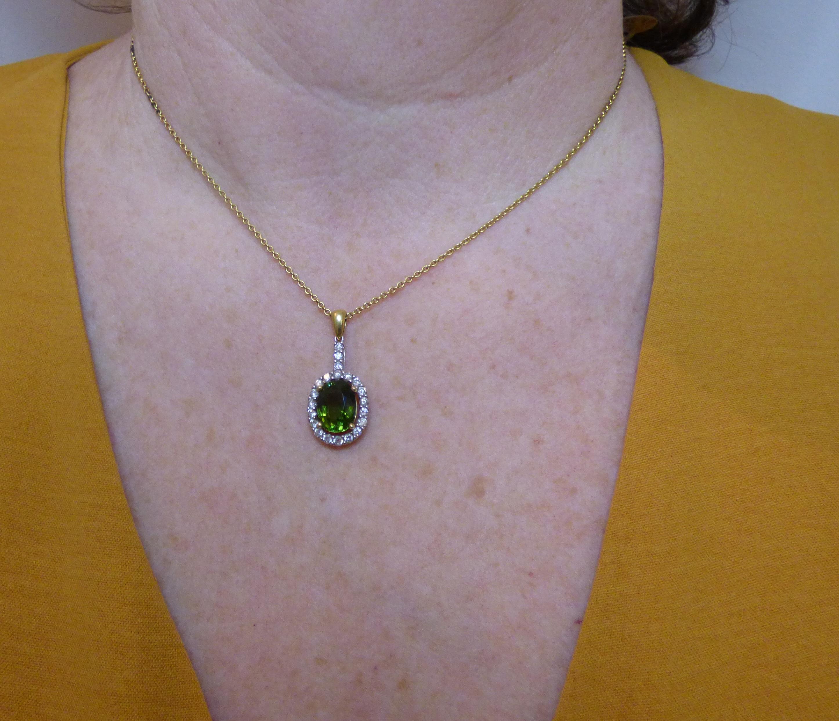Oval Cut Oval Green Tourmaline and Diamond Pendant in 18K Gold For Sale