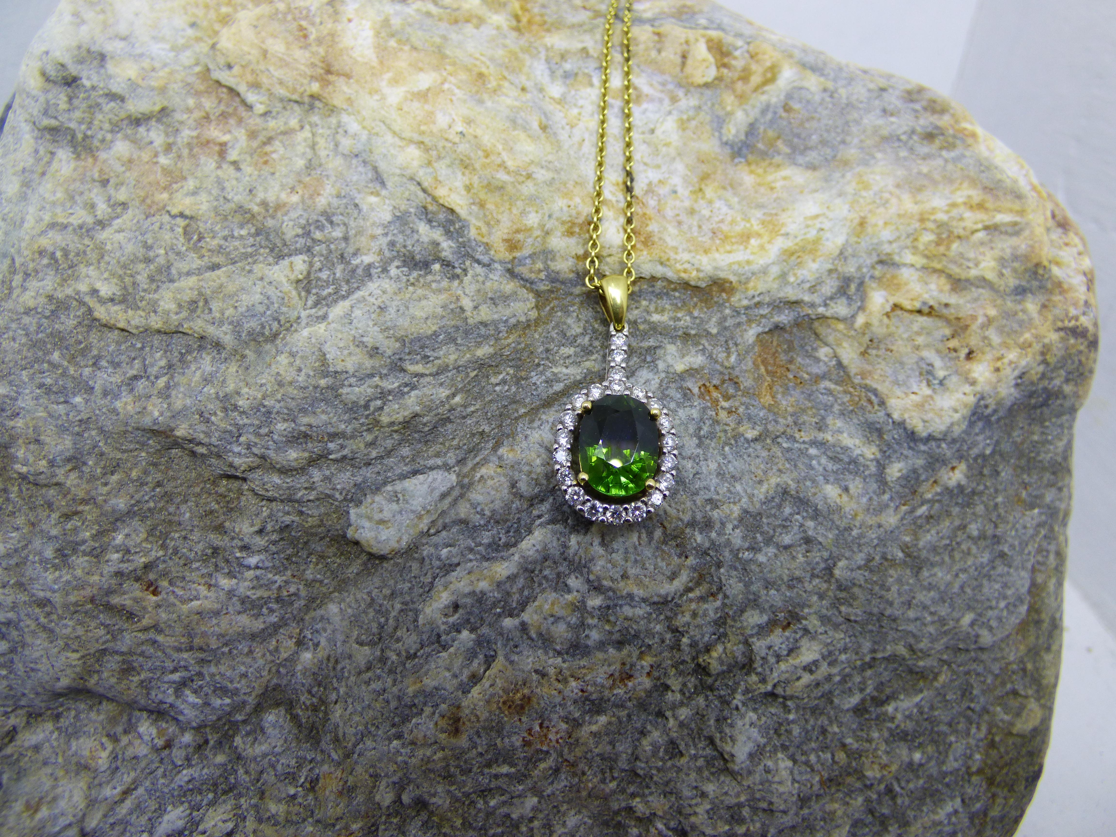 Women's Oval Green Tourmaline and Diamond Pendant in 18K Gold For Sale