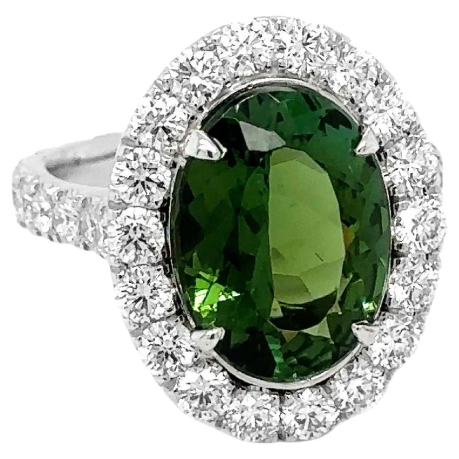 Oval Green Tourmaline and Diamond Ring 7.08 carats Platinum For Sale