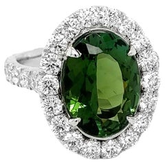 Used Oval Green Tourmaline and Diamond Ring 7.08 carats Platinum