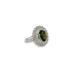 Oval Green Tourmaline and Round Diamond 14k White Gold Ring