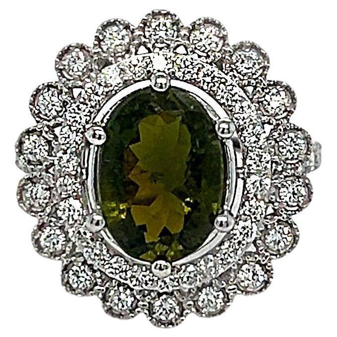 Oval Green Tourmaline and Round Diamond 14k White Gold Ring