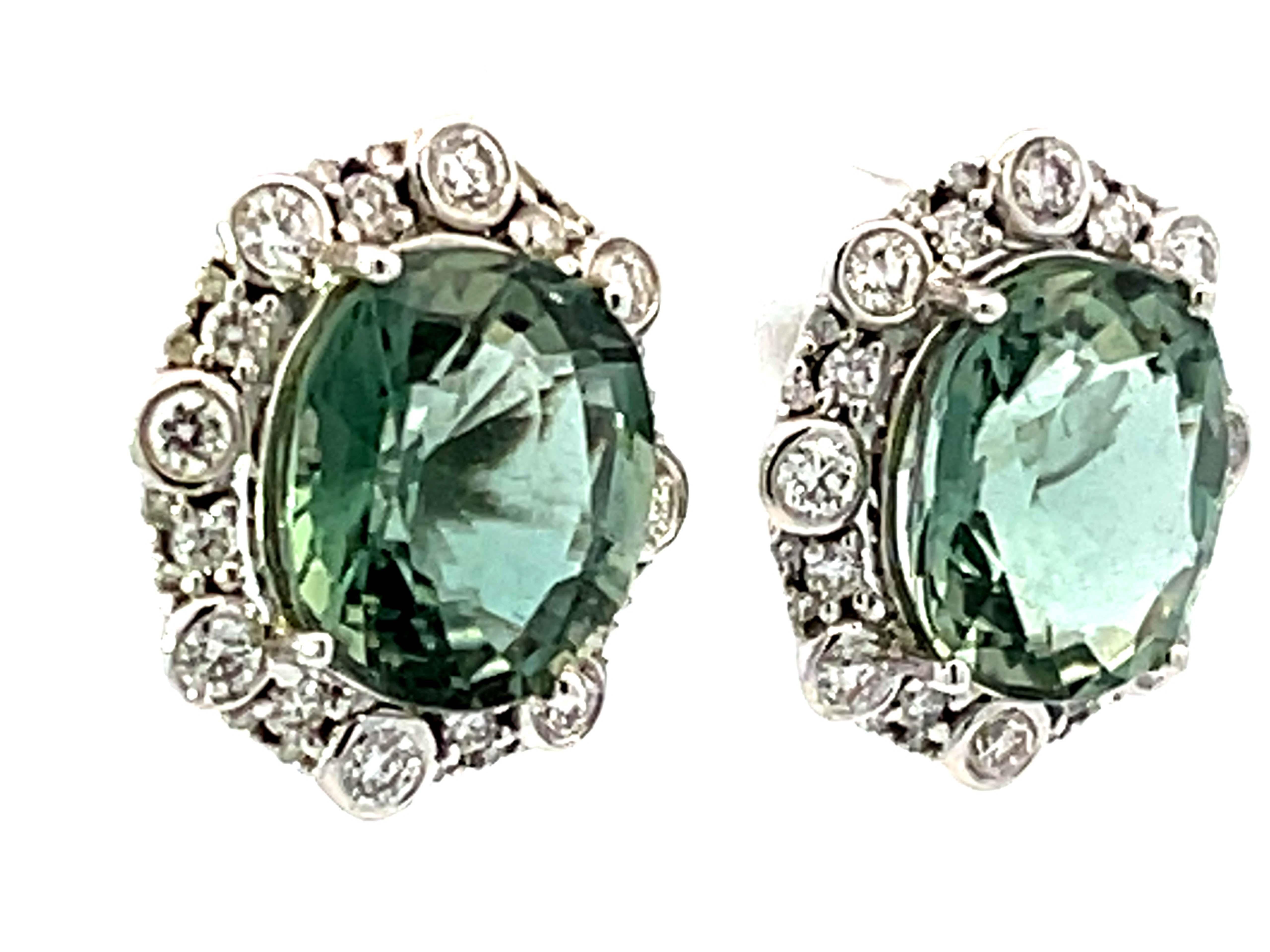 Modern Oval Green Tourmaline Diamond Halo Earrings 18k White Gold For Sale