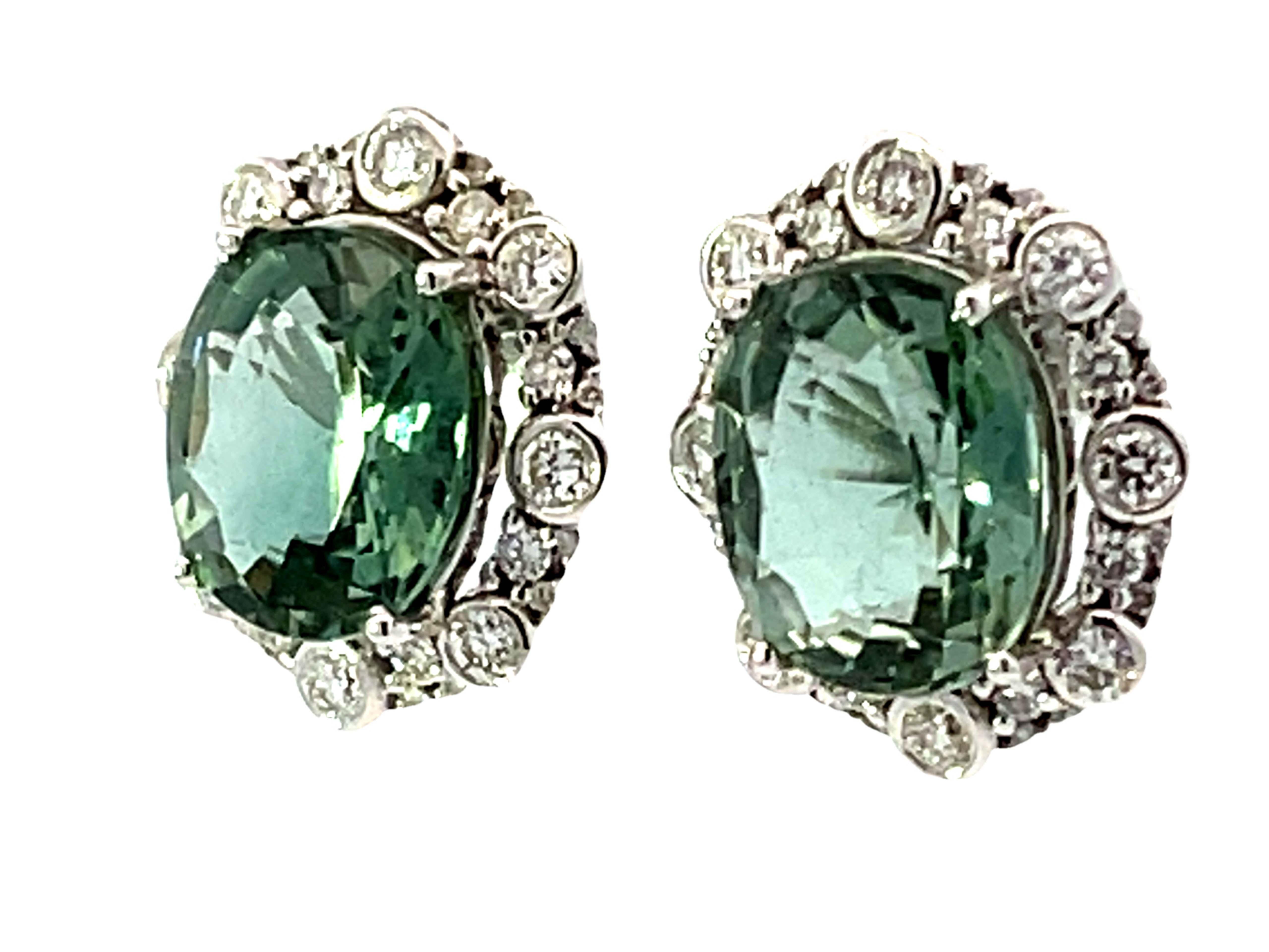Brilliant Cut Oval Green Tourmaline Diamond Halo Earrings 18k White Gold For Sale