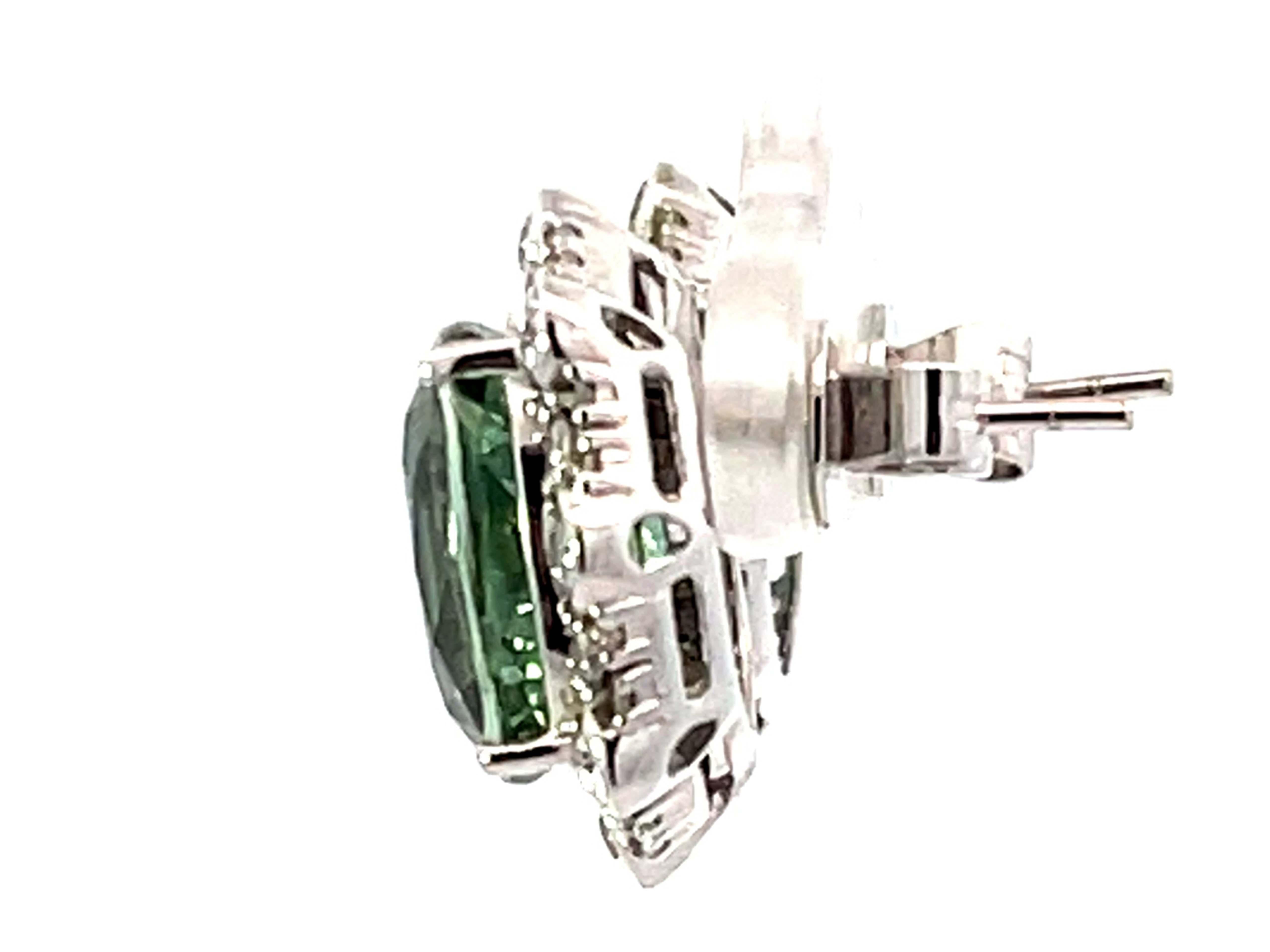 Women's Oval Green Tourmaline Diamond Halo Earrings 18k White Gold For Sale