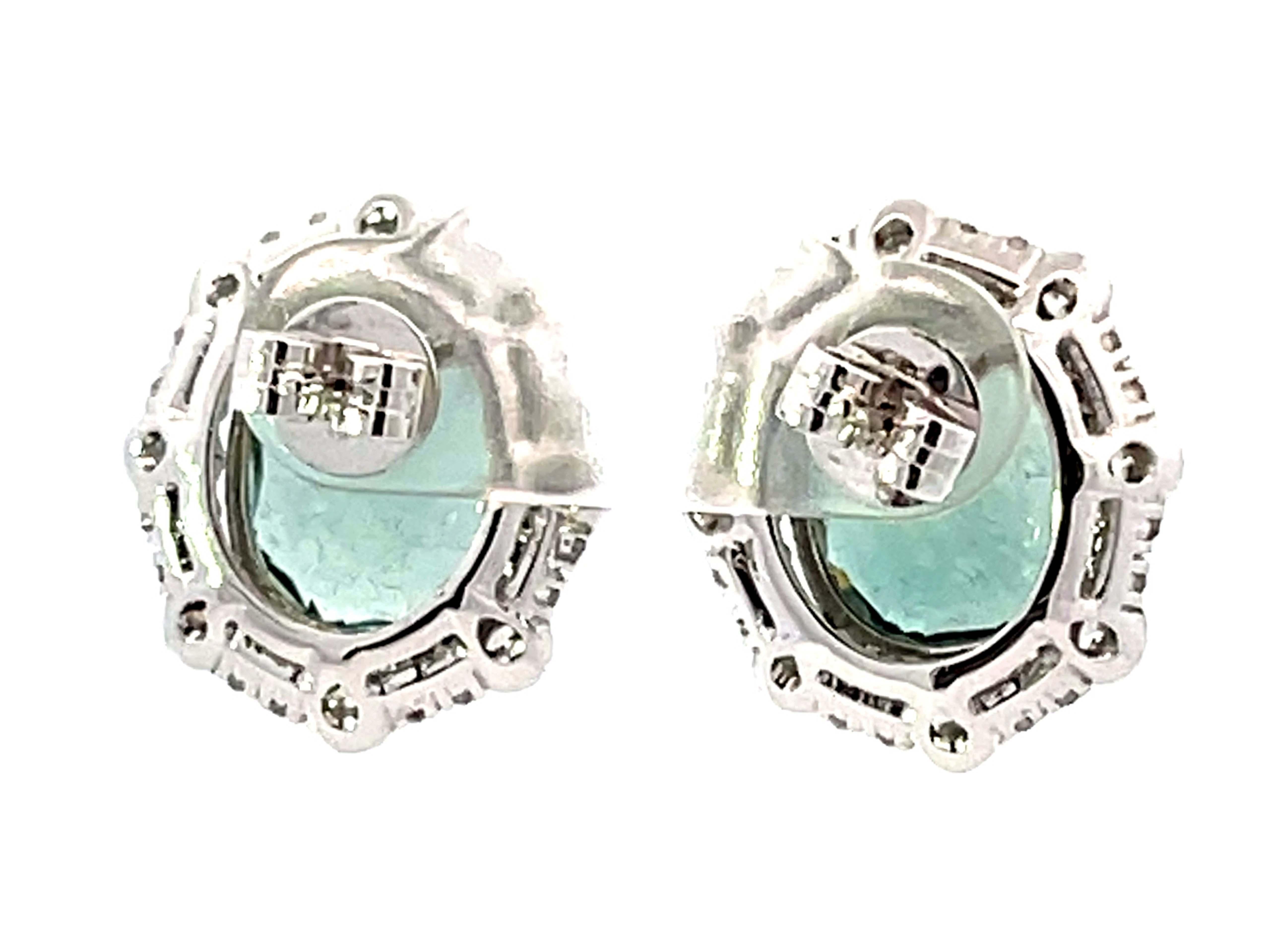 Oval Green Tourmaline Diamond Halo Earrings 18k White Gold For Sale 1