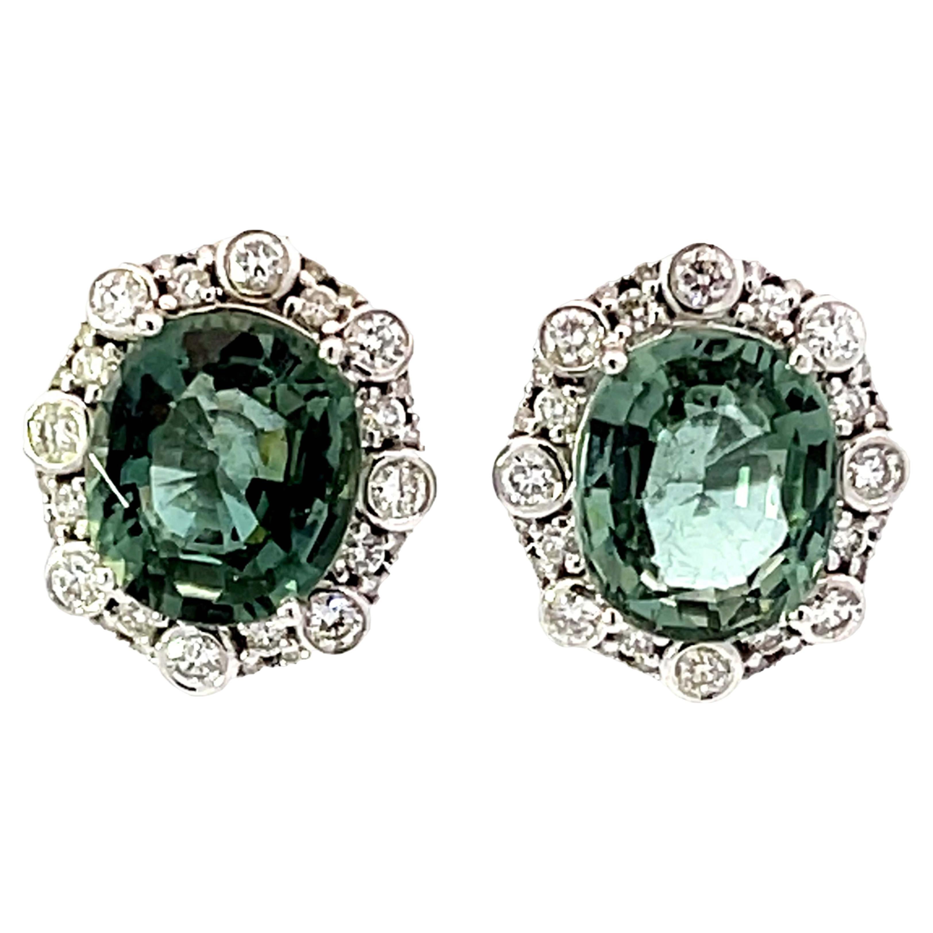 Oval Green Tourmaline Diamond Halo Earrings 18k White Gold For Sale