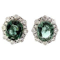 Oval Green Tourmaline Diamond Halo Earrings 18k White Gold