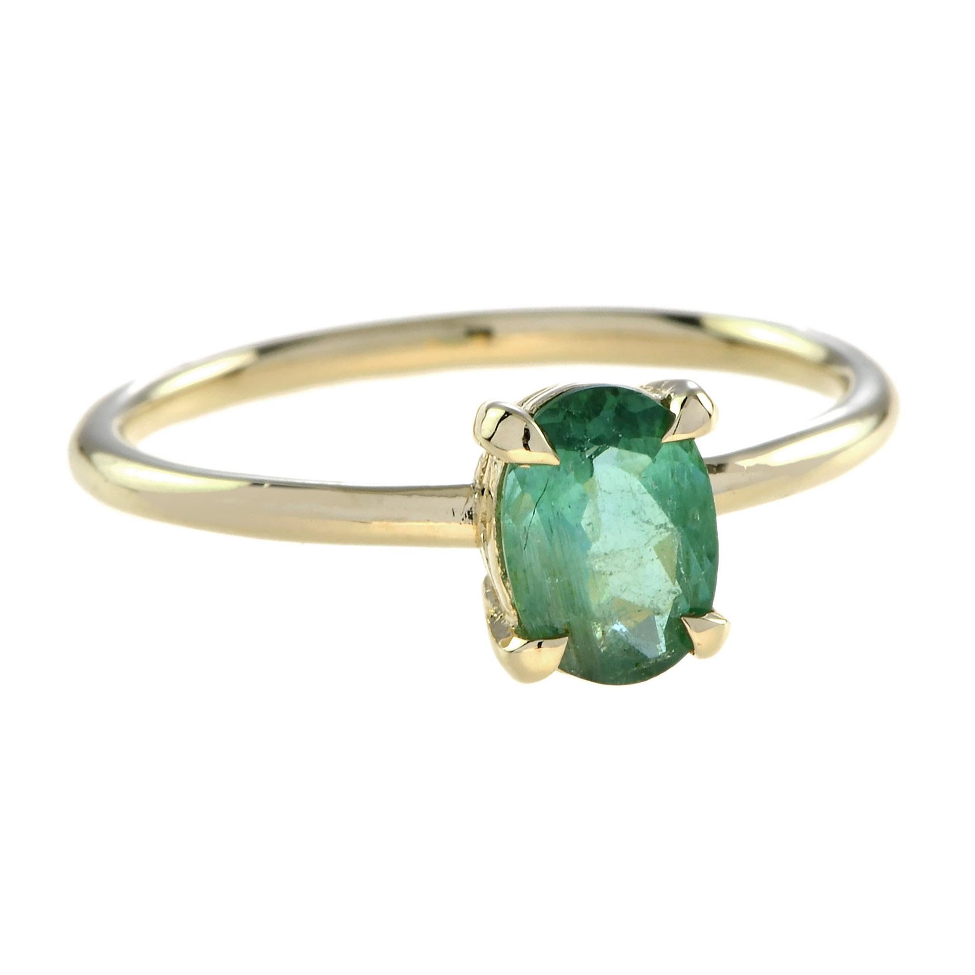 Art Deco Oval Green Tourmaline Minimal Solitaire Ring in 9K Yellow Gold