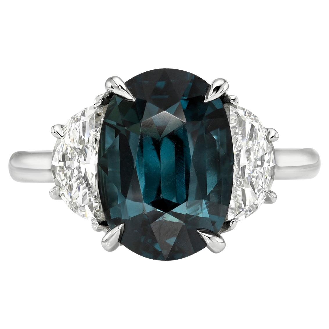 Bague de fiançailles ovale en saphir bleu verdâtre et diamant en platine - certifiée GIA en vente