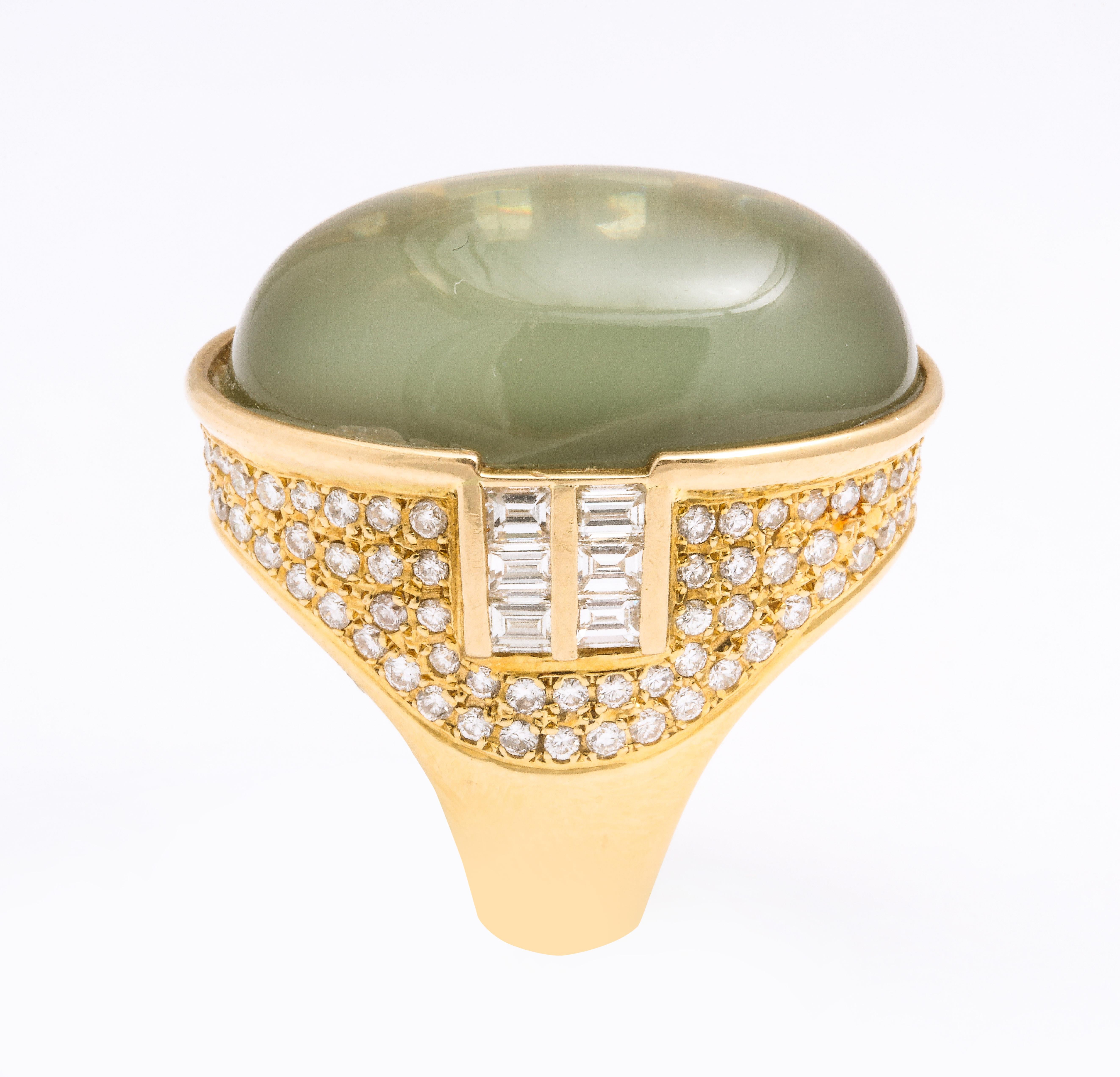 Oval Grey 15 Carat Cabochon Moonstone Diamond Yellow Gold Ring 1