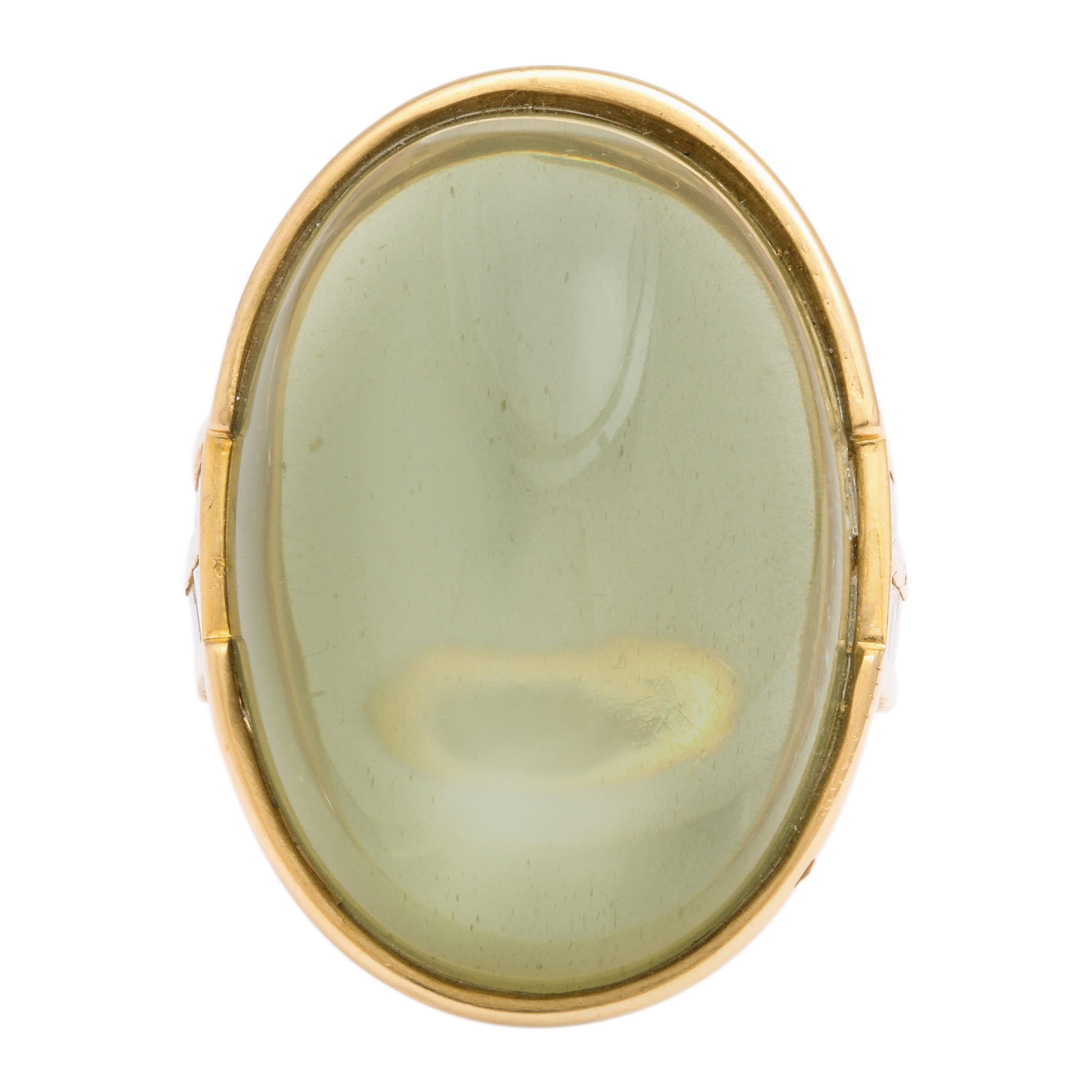 Oval Grey 15 Carat Cabochon Moonstone Diamond Yellow Gold Ring