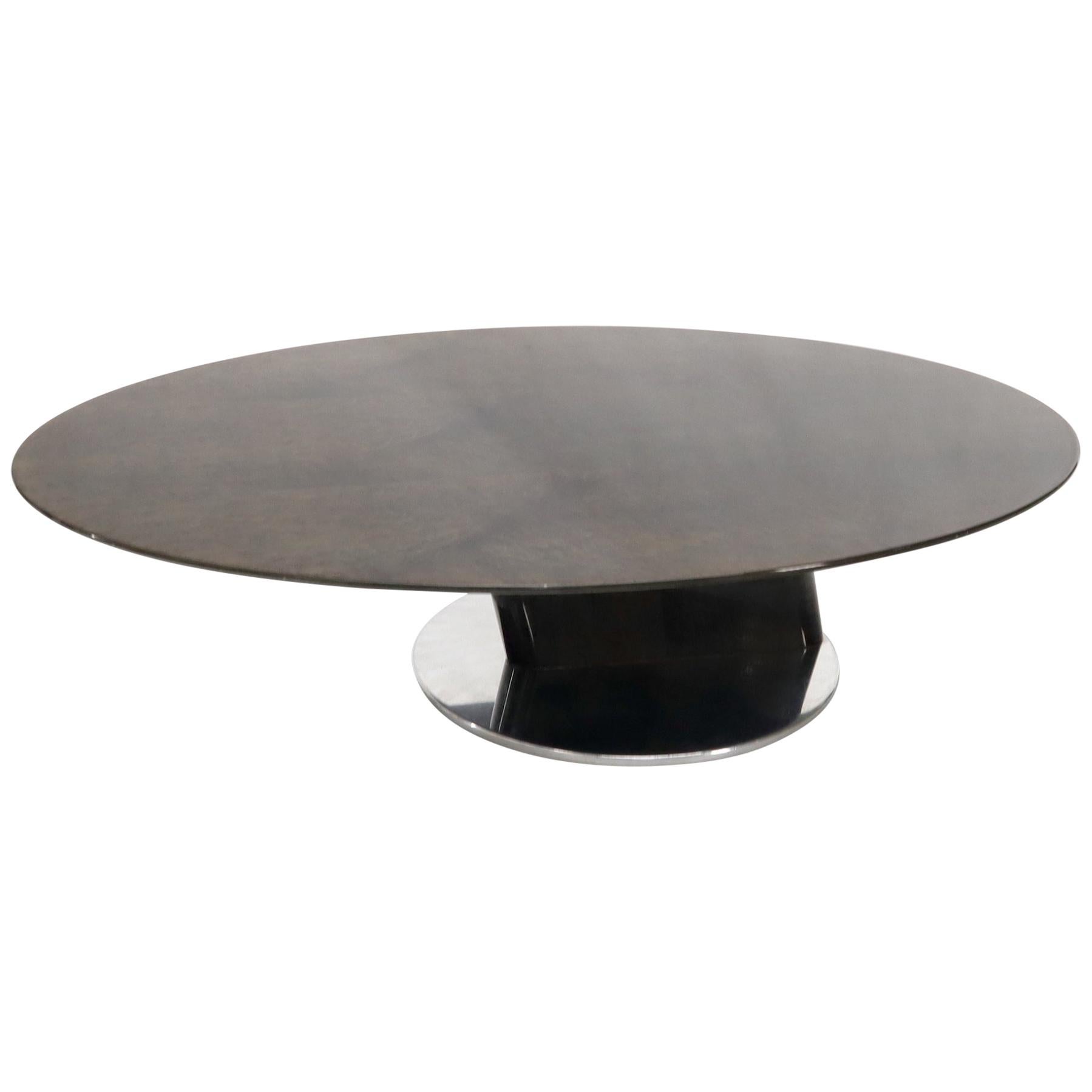 Oval Grey Bird's-Eye Maple Top Heavy Steel Base Coffee Table by Saporiti For Sale