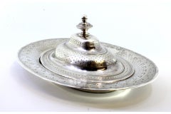 Oval guilloche silver butter dish with beaded knob and removable lid