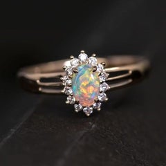 Oval Halo Australian Solid Opal Diamond Engagement Wedding Ring 14K Yellow Gold