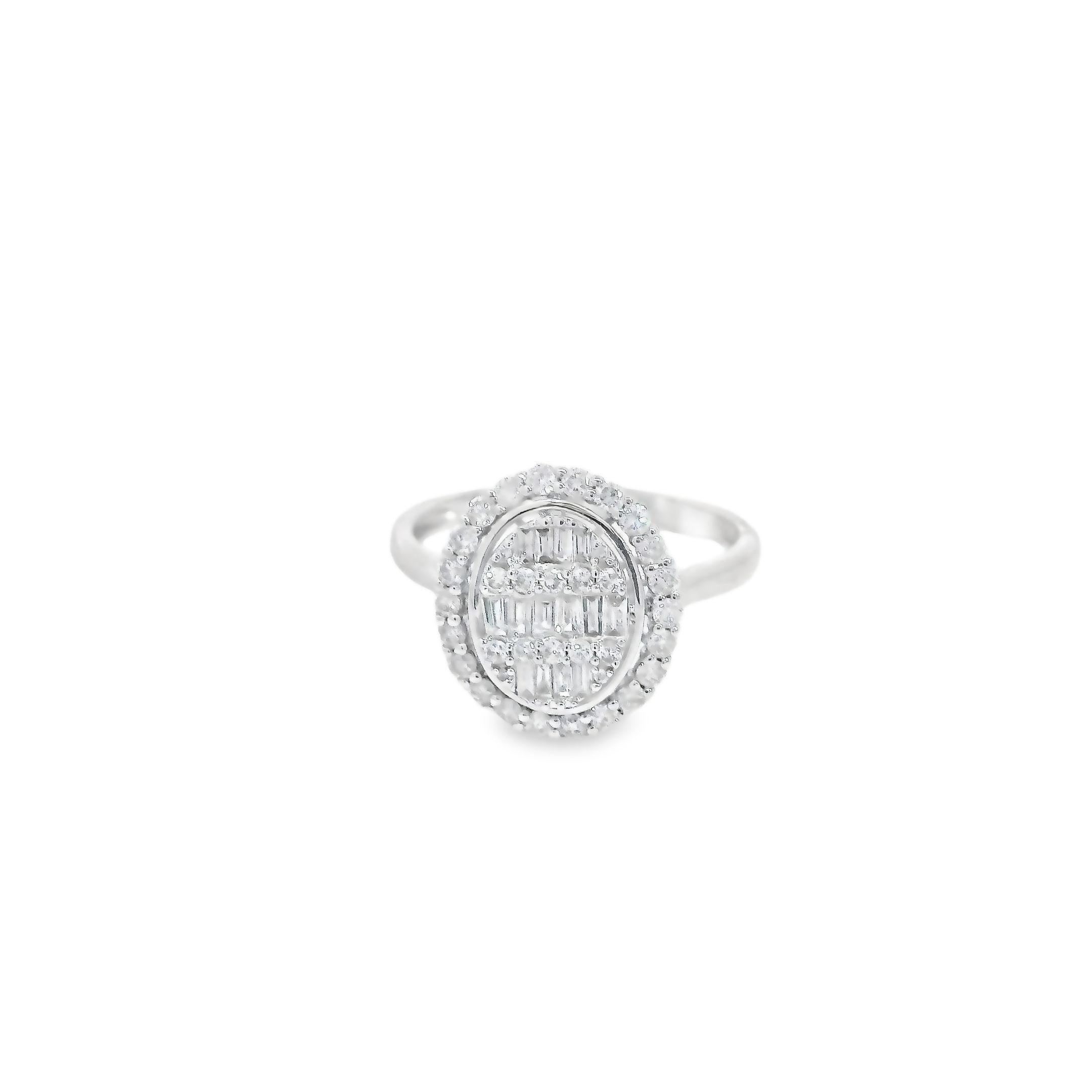 Contemporary Oval Halo Design Baguette and Round Diamond Ring in 18K White Gold For Sale