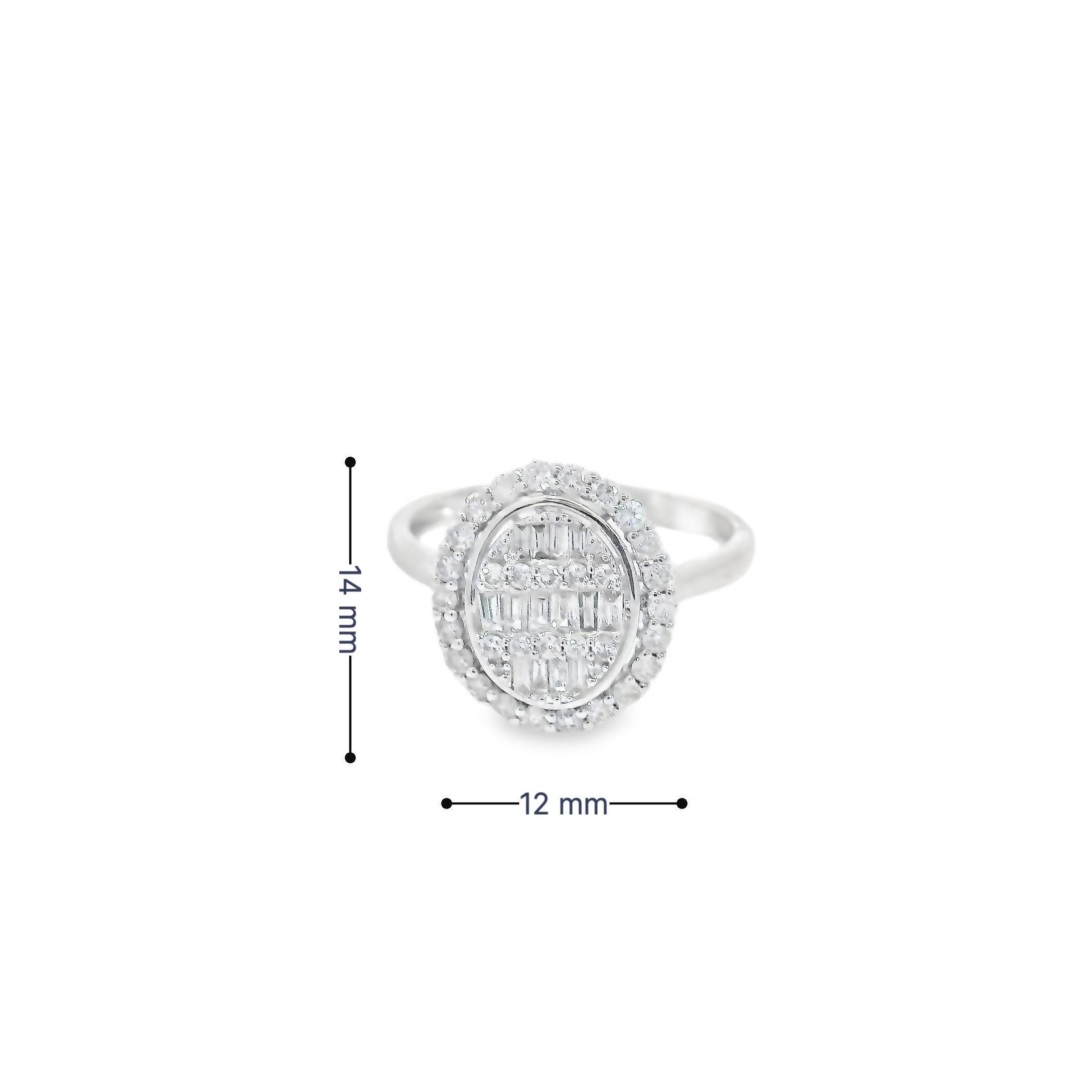 Baguette Cut Oval Halo Design Baguette and Round Diamond Ring in 18K White Gold For Sale
