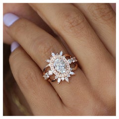 Oval Halo Diamant Verlobungsring & Krone Nesting Bands, Hochzeit Drei Ringe Set