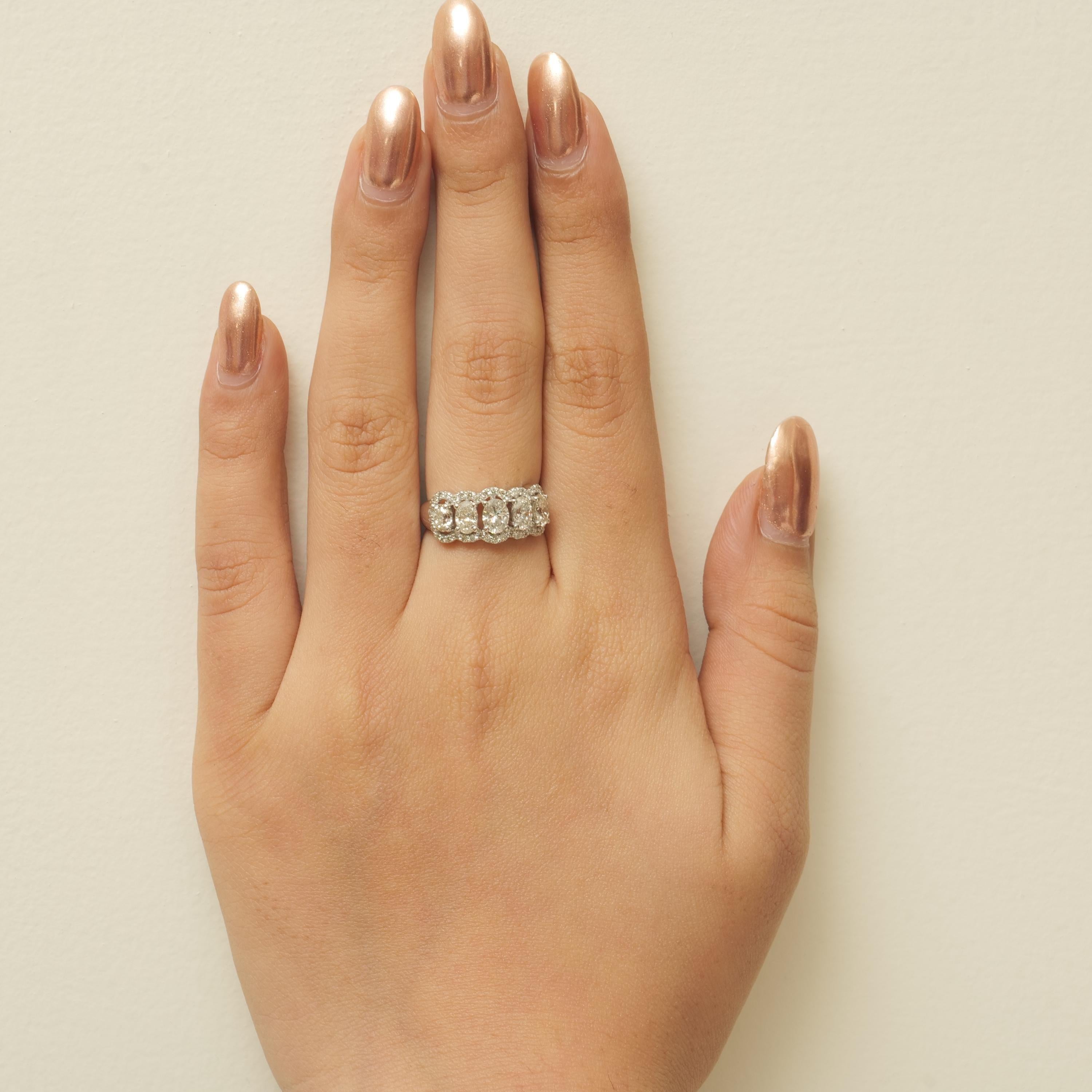 Art Deco Oval Halo Diamond Eternity Band Ring in 14K Solid Gold (Certified) For Sale